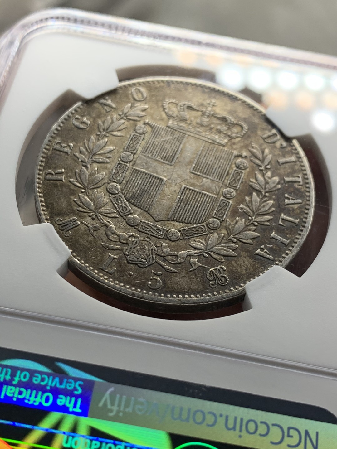 《竞宝斋》第38场-本周一 （全场顺丰包邮） NGC-XF45 意大利 1872年 艾曼纽尔二世 5里拉 大银币 老包浆 一流的味道