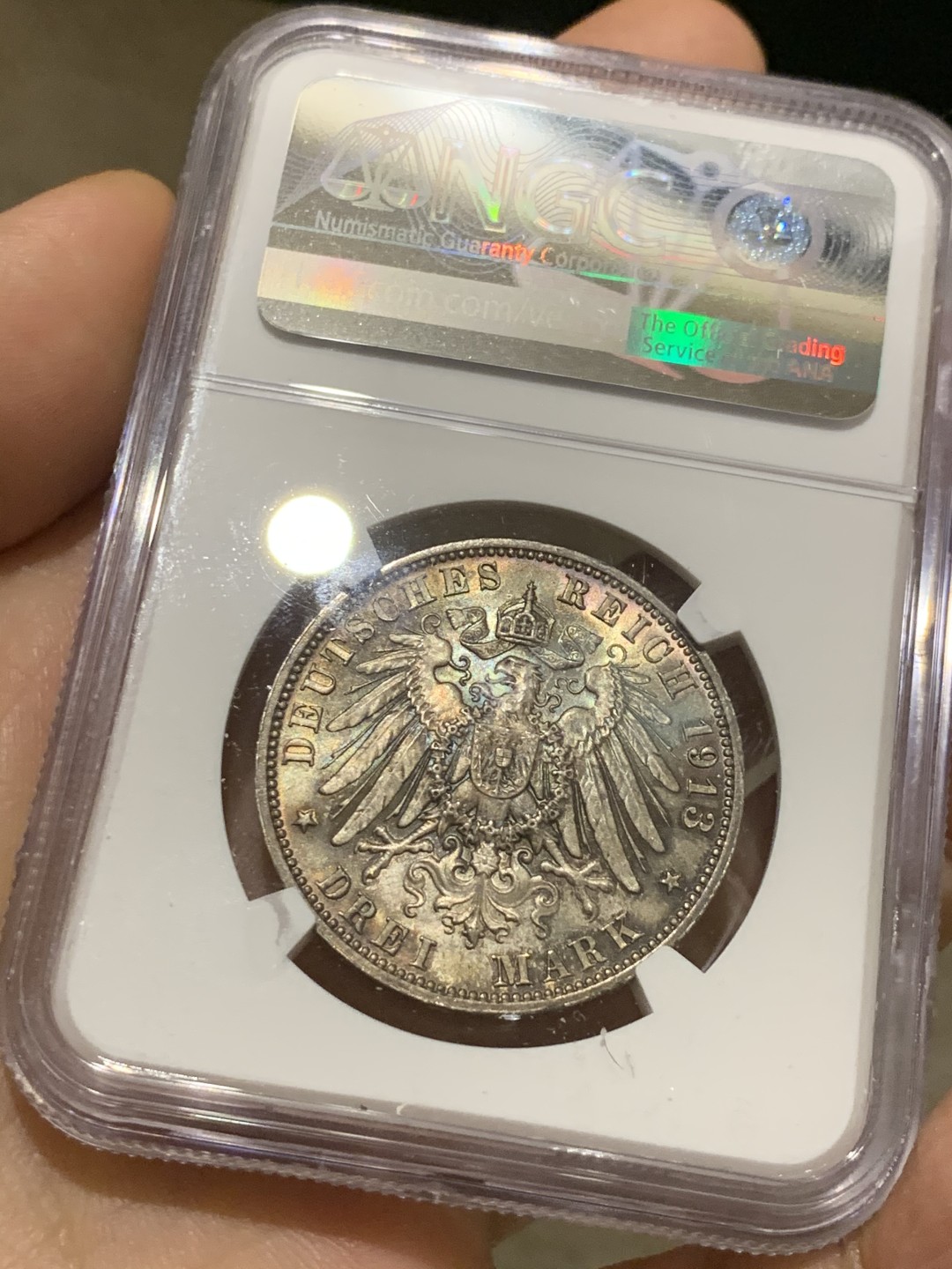 《竞宝斋》第38场-本周一 （全场顺丰包邮） NGC-MS64 德国萨克森 1913年 建功碑 3马克 银币 黑包浆能达到这分非常难得