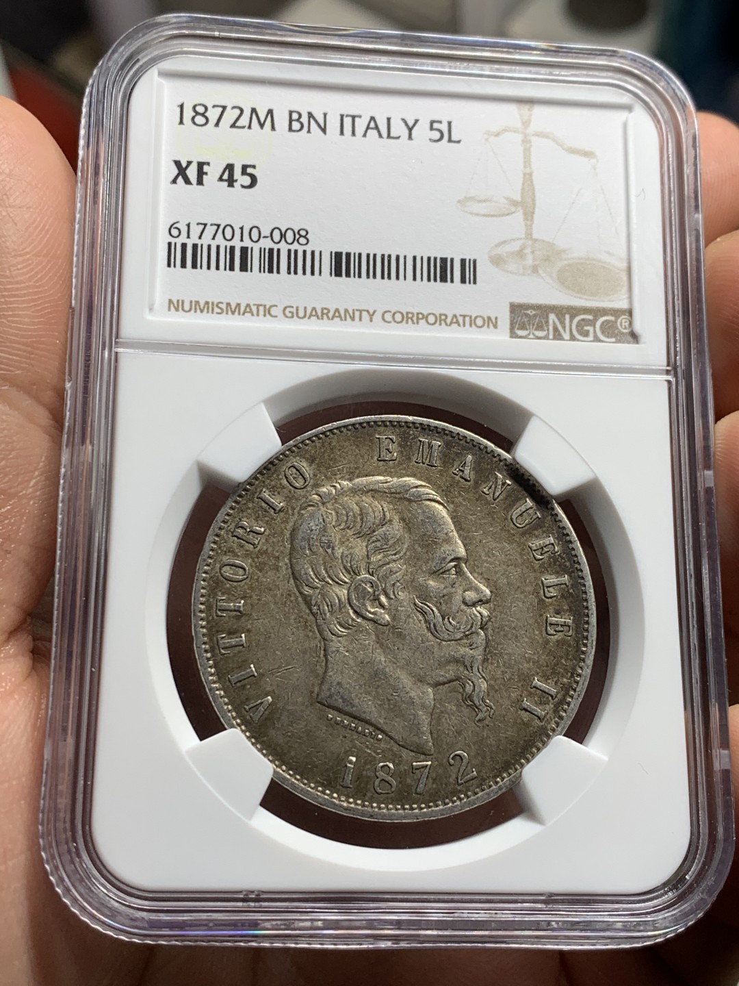 《竞宝斋》第38场-本周一 （全场顺丰包邮） NGC-XF45 意大利 1872年 艾曼纽尔二世 5里拉 大银币 老包浆 一流的味道