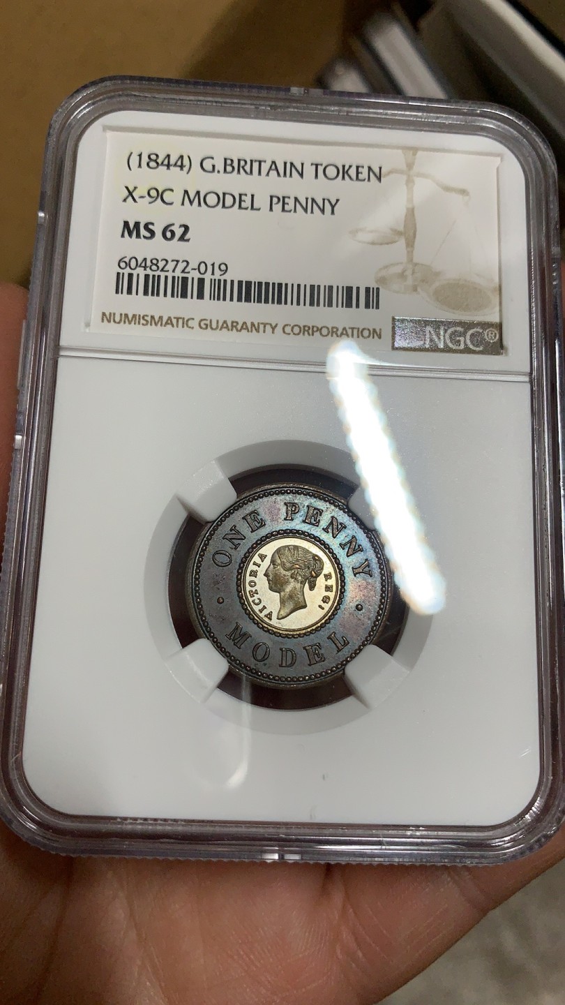《竞宝斋》第38场-本周一 （全场顺丰包邮） NGC-MS62 英国维多利亚女皇 1844年双色1便士代用币 x—9c 紫罗兰包浆完美细节人像丰满发丝无磨损 低评