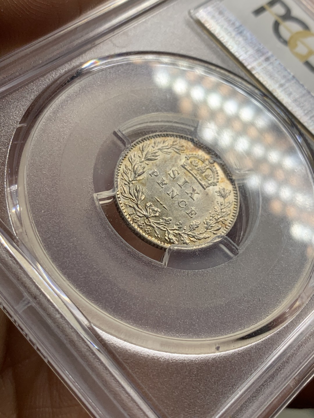 《竞宝斋》第38场-本周一 （全场顺丰包邮） PCGS AU58  英国 1888年 标注面值版 6便士 银币 少见品种 淡彩包浆