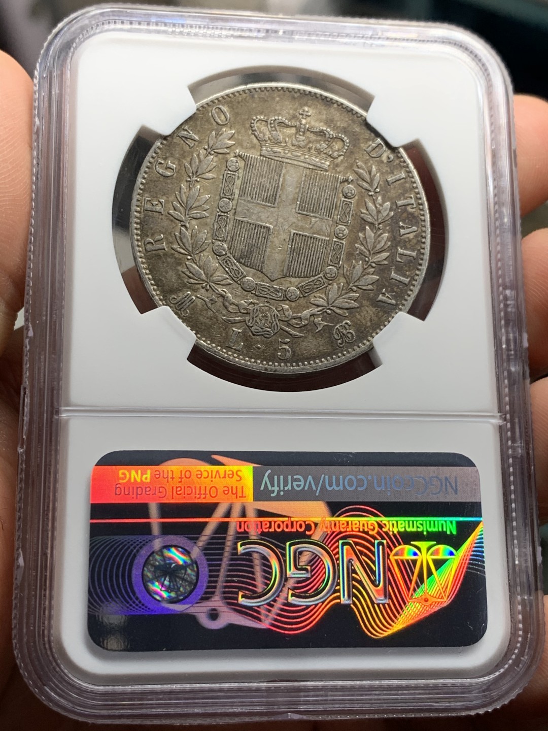 《竞宝斋》第38场-本周一 （全场顺丰包邮） NGC-XF45 意大利 1872年 艾曼纽尔二世 5里拉 大银币 老包浆 一流的味道