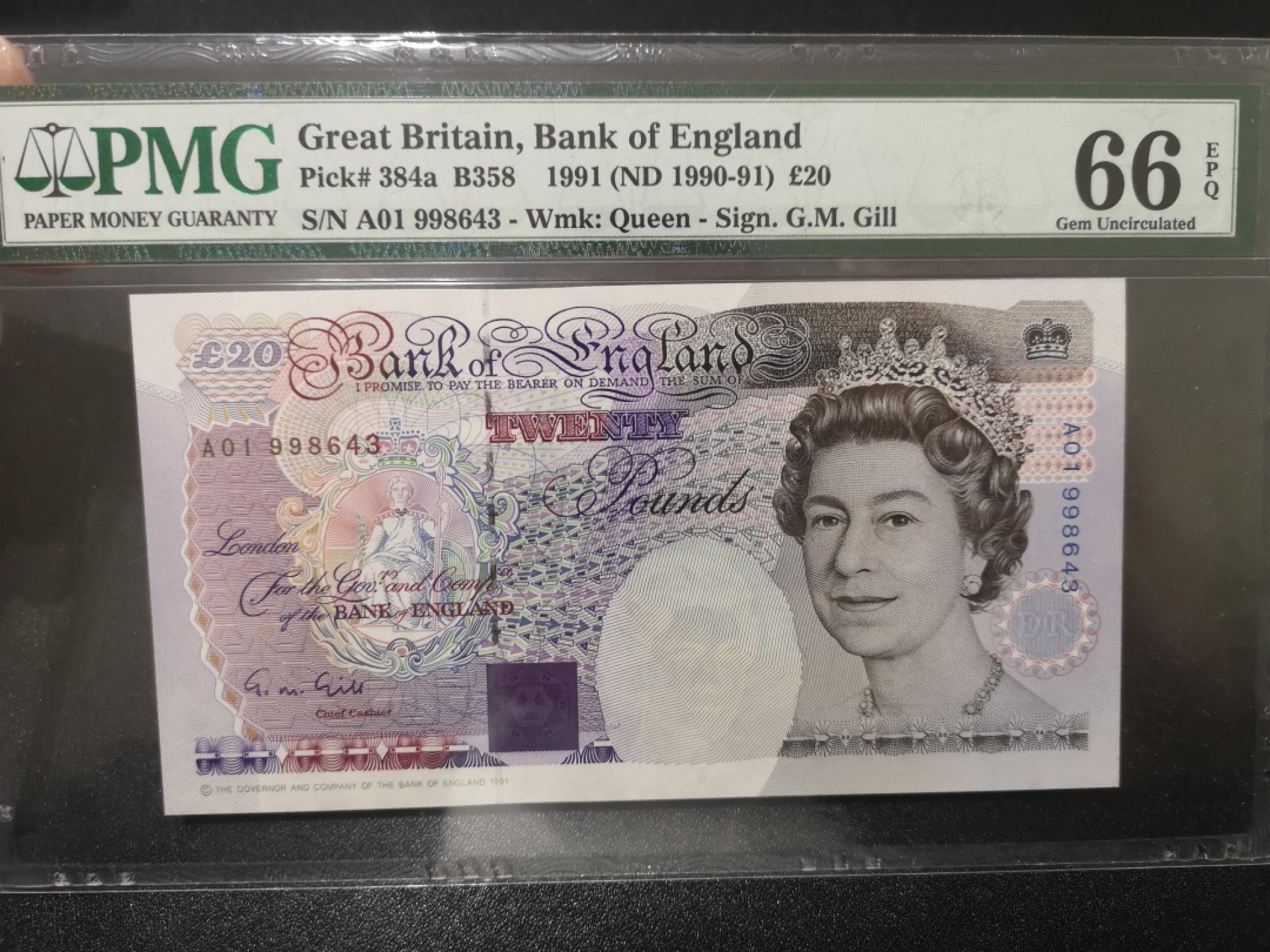 《外钞收藏家》第一百七十期拍卖（本期59件） 1991年英国E序列20镑 PMG66 首发冠A01 初版关门号