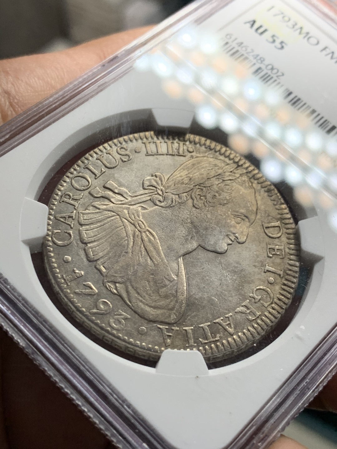 《竞宝斋》第38场-本周一 （全场顺丰包邮） NGC-AU55 墨西哥 1793年 8 里亚尔  人像双柱卡洛斯四世  银币   卡四早年  原味