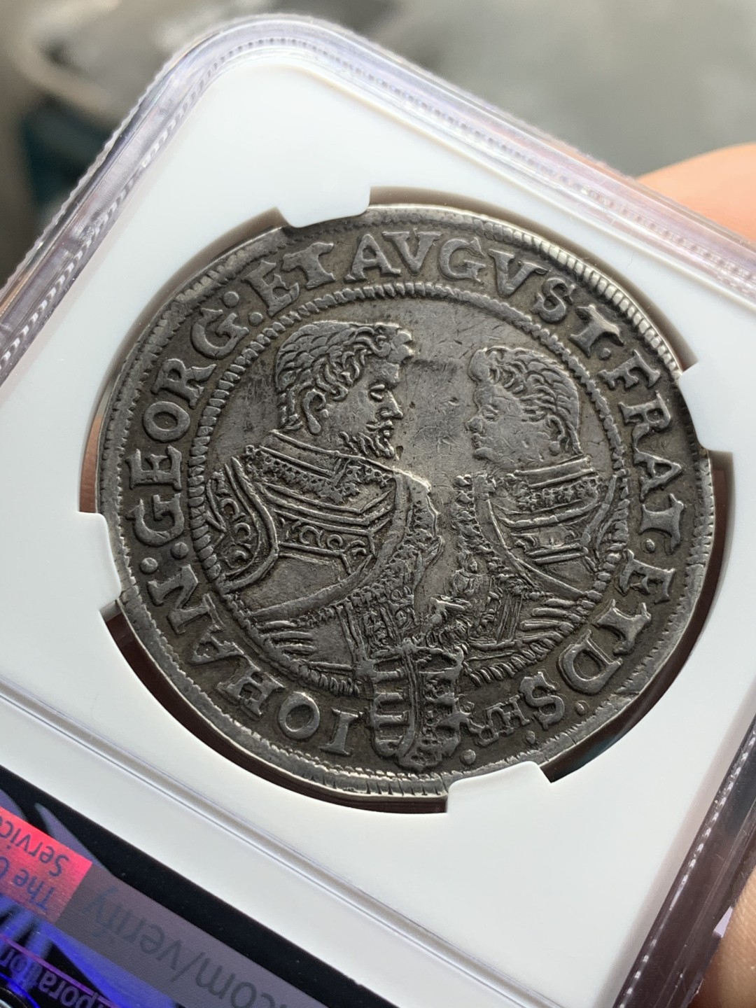 《竞宝斋》第38场-本周一 （全场顺丰包邮） NGC-AU50 德国萨克森 1609年 克里斯蒂安二世持剑 大泰勒 黑包浆好品 VF没分的裸币已经超过300欧元