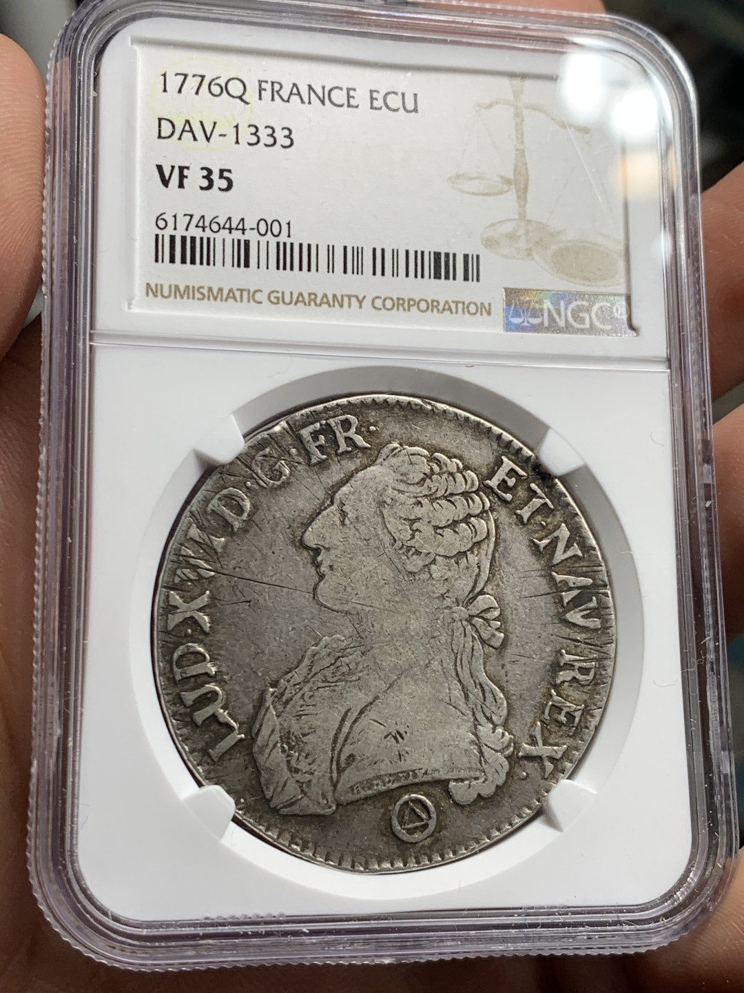 《竞宝斋》第38场-本周一 （全场顺丰包邮） NGC-VF35 法国 1776-Q年 路易十六 佩皮尼昂造币厂 老ECU 大银币 传世黑包浆