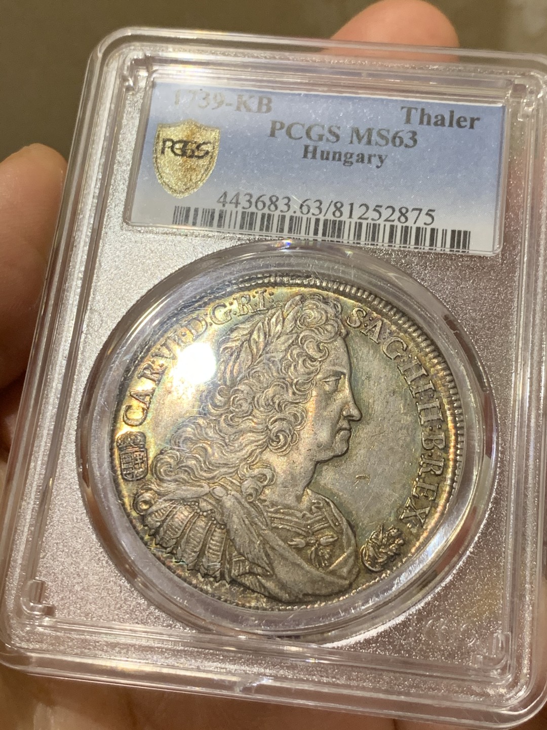 《竞宝斋》第38场-本周一 （全场顺丰包邮） PCGS-MS63 1739年神圣罗马帝国泰勒银币 匈牙利版，超炫五彩，唯一冠军分