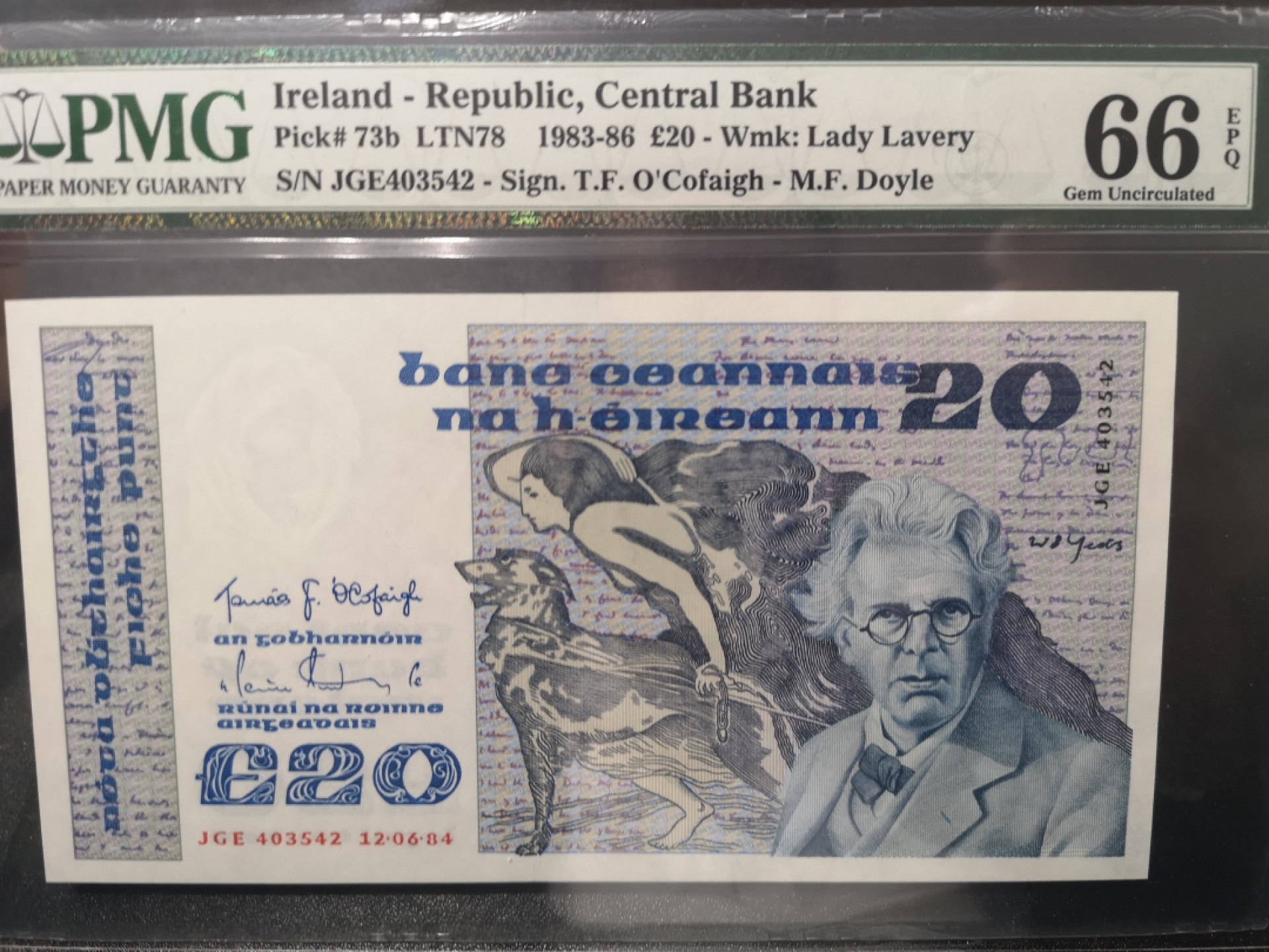 《外钞收藏家》第一百七十期拍卖（本期59件） 1984年爱尔兰20镑 叶芝 PMG66 经典品种