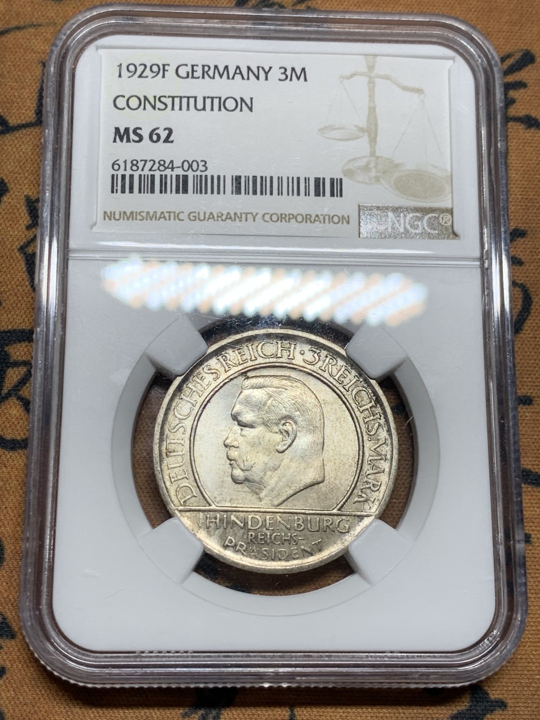 《竞宝斋》第38场-本周一 （全场顺丰包邮） NGC-MS62 德国 1929年 宪法纪念3马克银币 金色包浆 底光十足