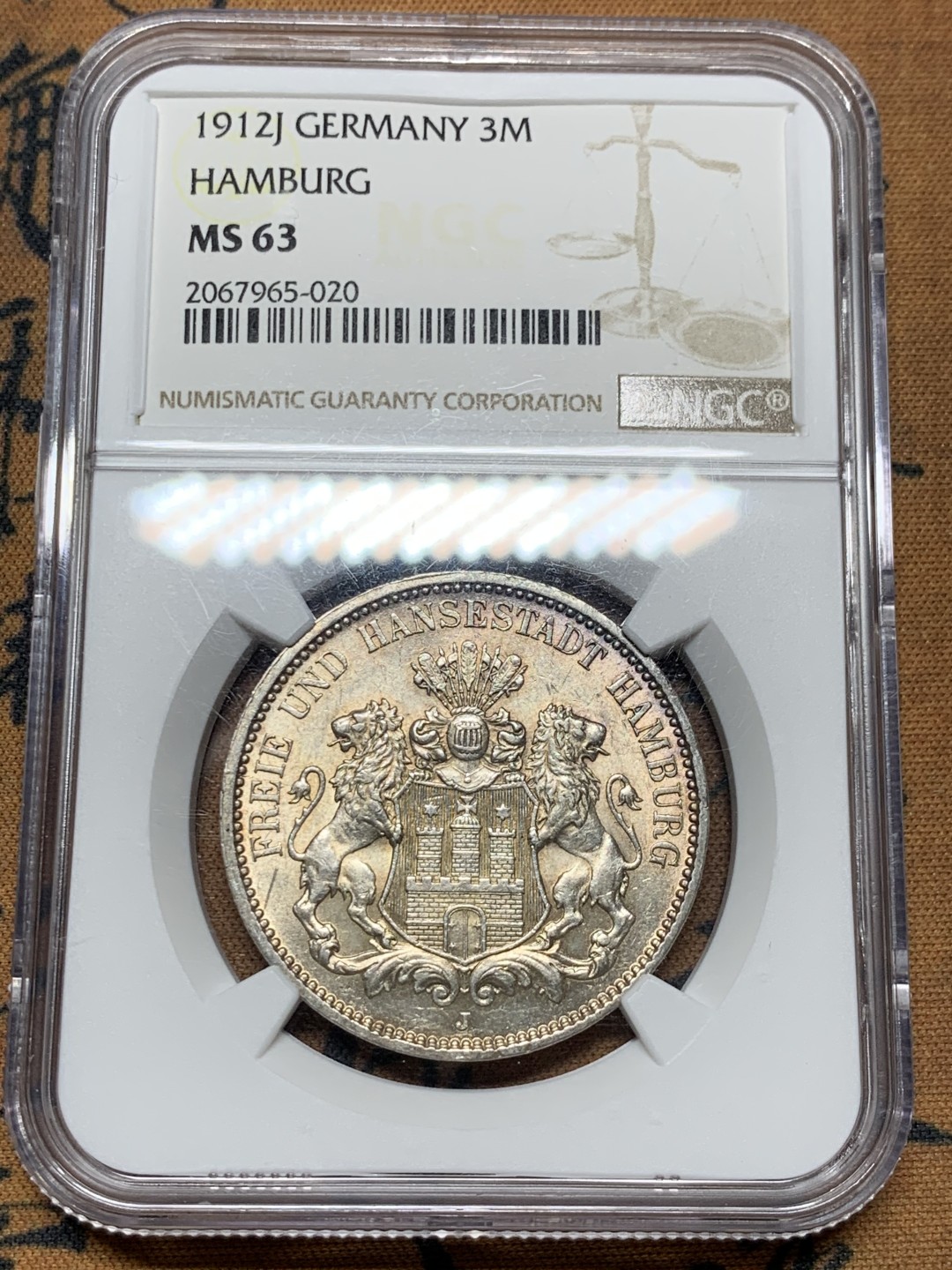 《竞宝斋》第38场-本周一 （全场顺丰包邮） NGC-MS63 德国汉堡1912年3马克 银币 淡彩包浆 非常漂亮