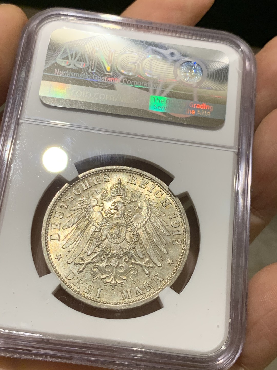 《竞宝斋》第38场-本周一 （全场顺丰包邮） NGC-MS63 德国普鲁士 1913年 军装版 3马克 淡金彩 银币 非常漂亮