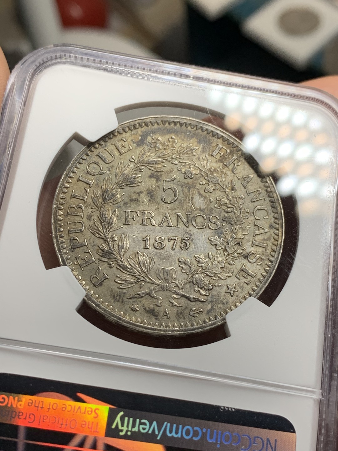 《竞宝斋》第38场-本周一 （全场顺丰包邮） NGC-AU53 法国 1875年 大力神 5法郎 大银币 原味老包浆