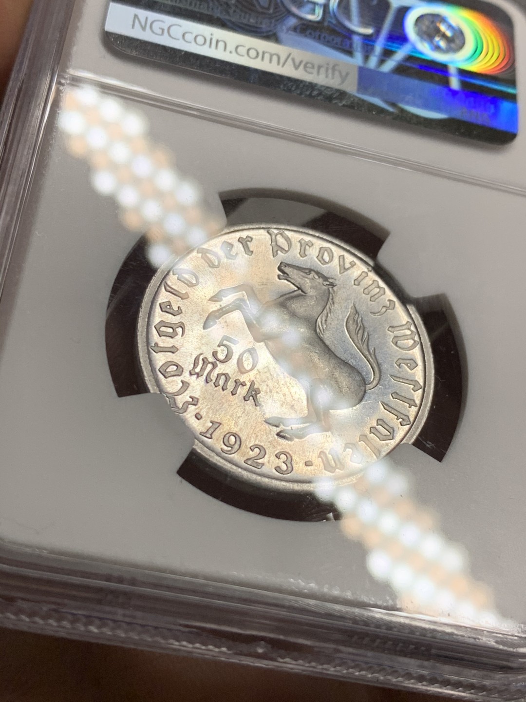 《竞宝斋》第38场-本周一 （全场顺丰包邮） NGC-MS63 德国魏玛共和国 1923年 女人像 50马克 铝币 这品种入盒的还是很少的