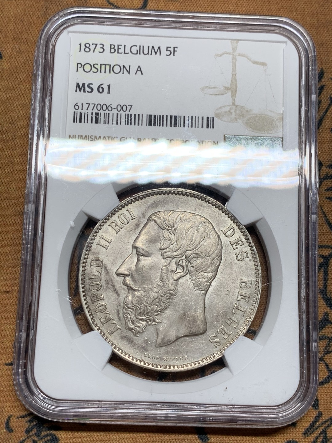 《竞宝斋》第38场-本周一 （全场顺丰包邮） NGC-MS61 比利时 1873年 利奥波德二世 5法郎 大银币 这样的品种这样的分也越来越少了