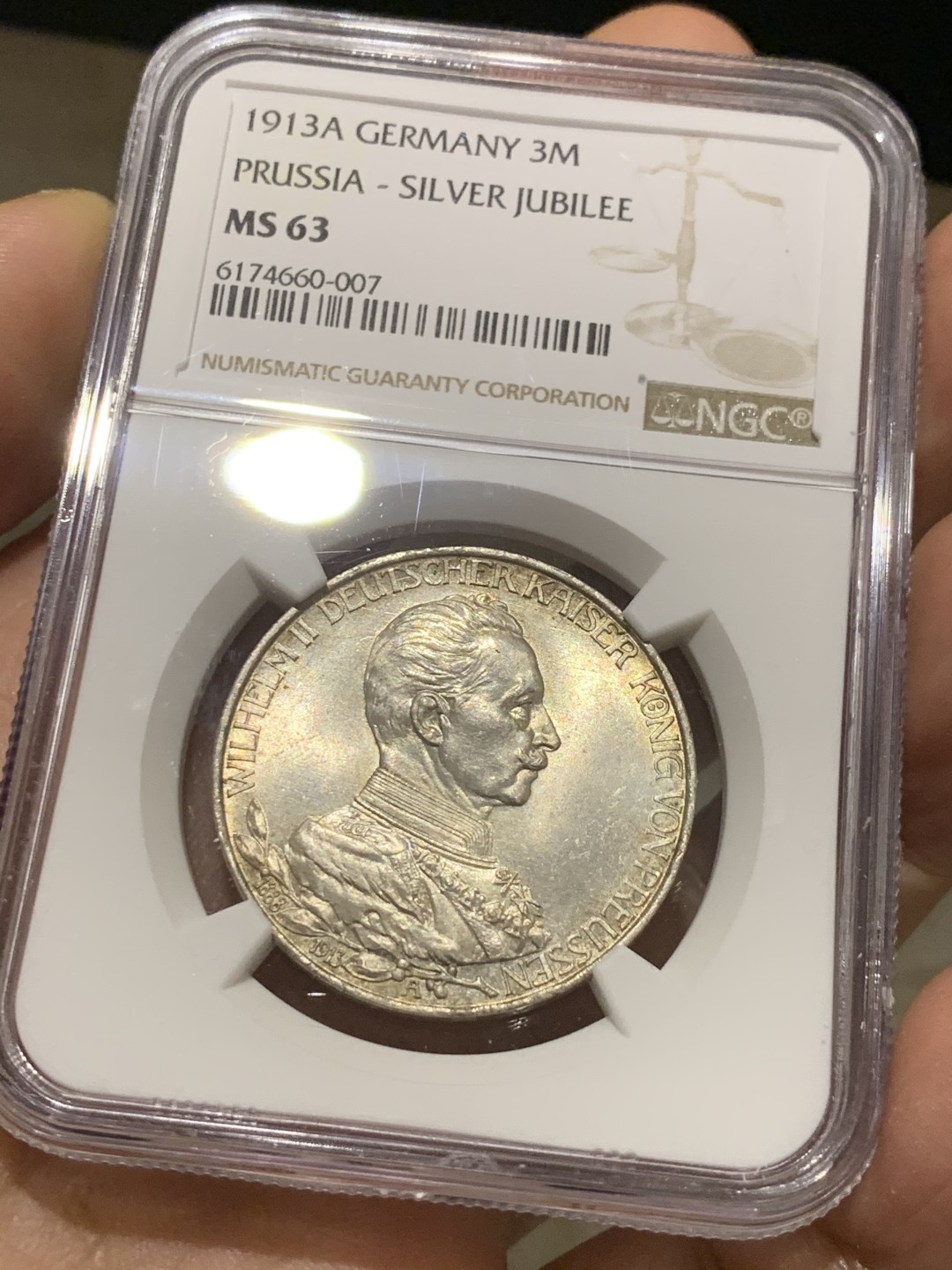 《竞宝斋》第38场-本周一 （全场顺丰包邮） NGC-MS63 德国普鲁士 1913年 军装版 3马克 淡金彩 银币 非常漂亮