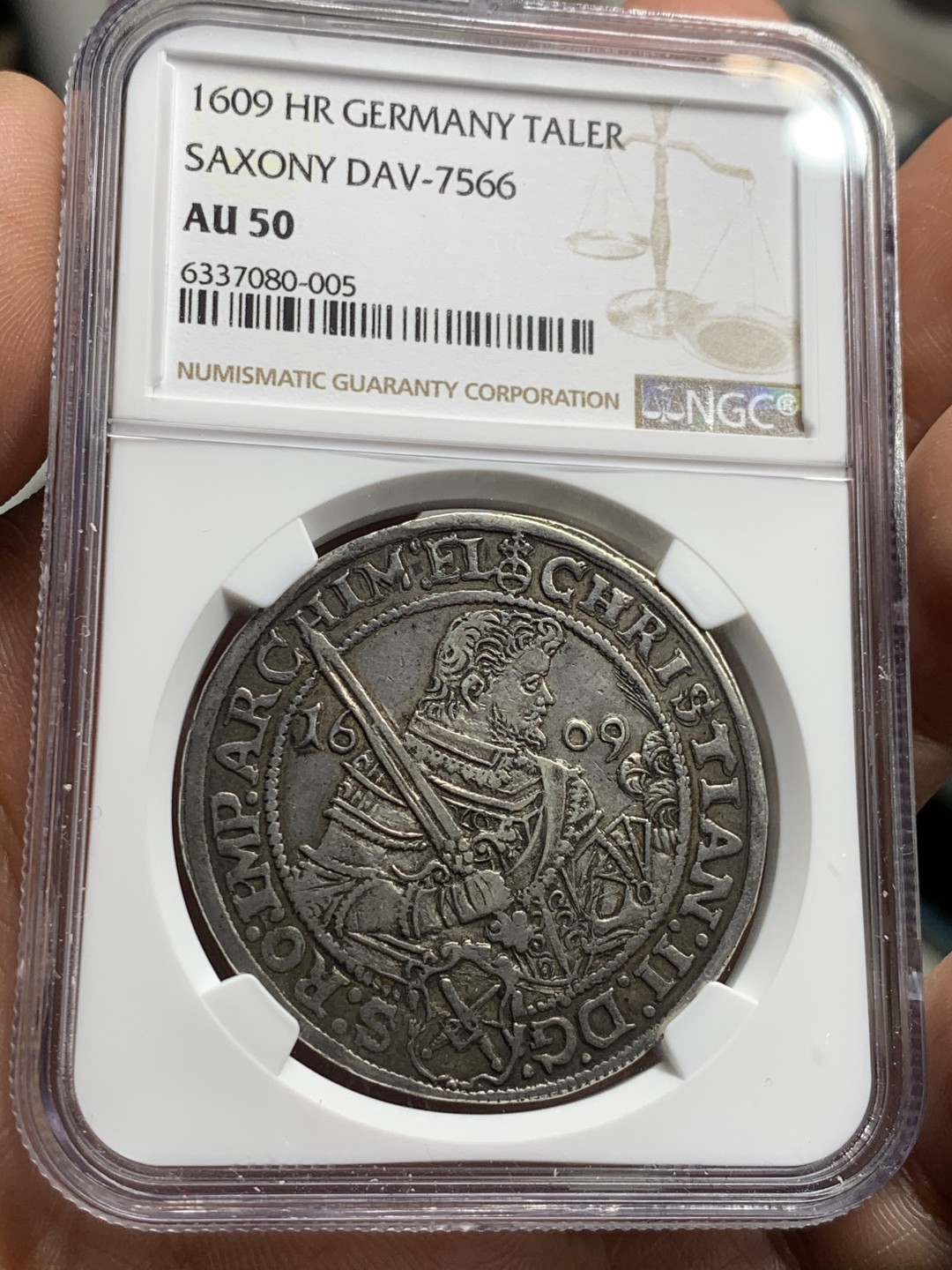 《竞宝斋》第38场-本周一 （全场顺丰包邮） NGC-AU50 德国萨克森 1609年 克里斯蒂安二世持剑 大泰勒 黑包浆好品 VF没分的裸币已经超过300欧元