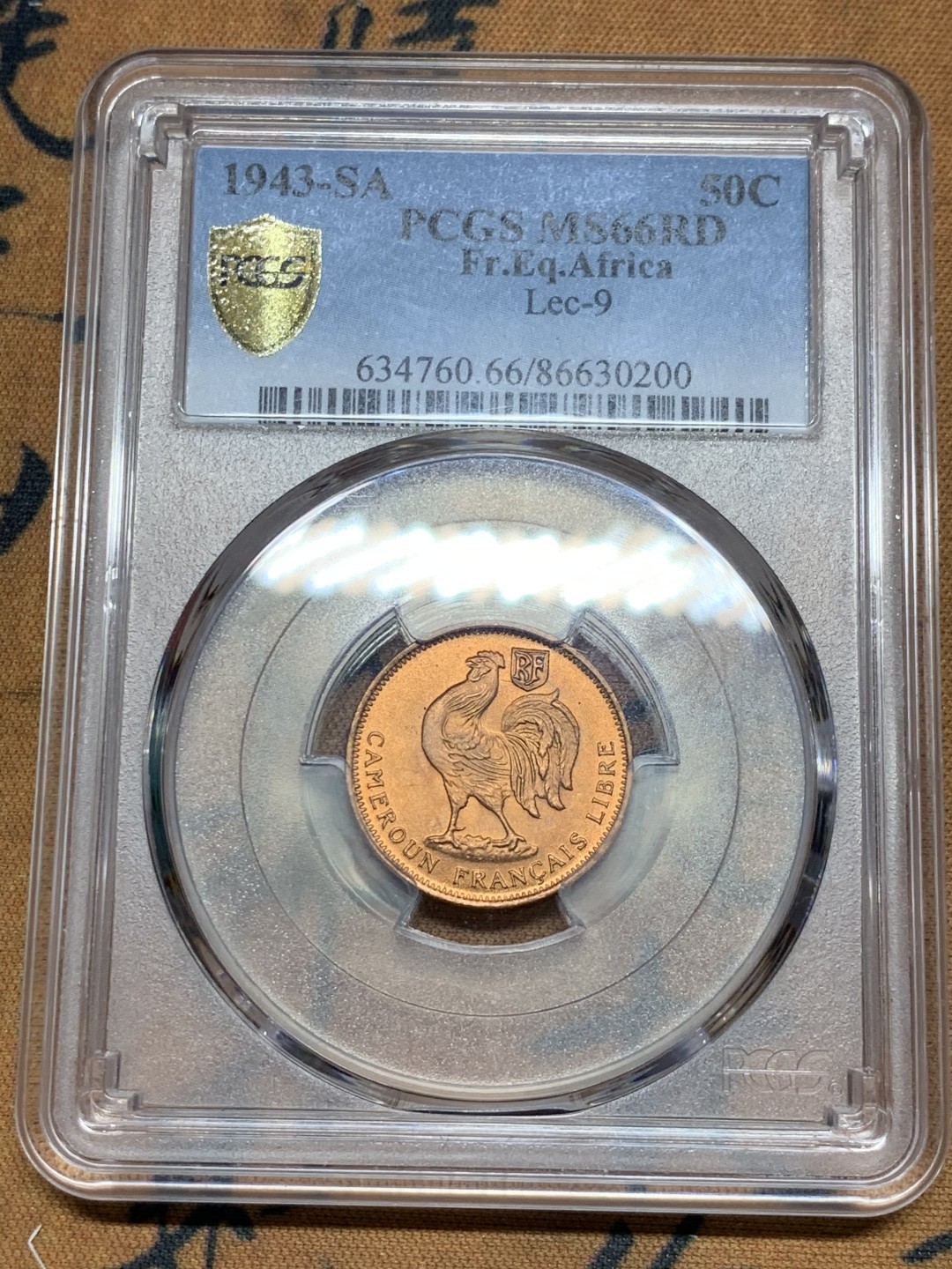 《竞宝斋》第38场-本周一 （全场顺丰包邮） PCGS-MS 66RD 法属喀麦隆1943年50分 铜光充沛 亚军分