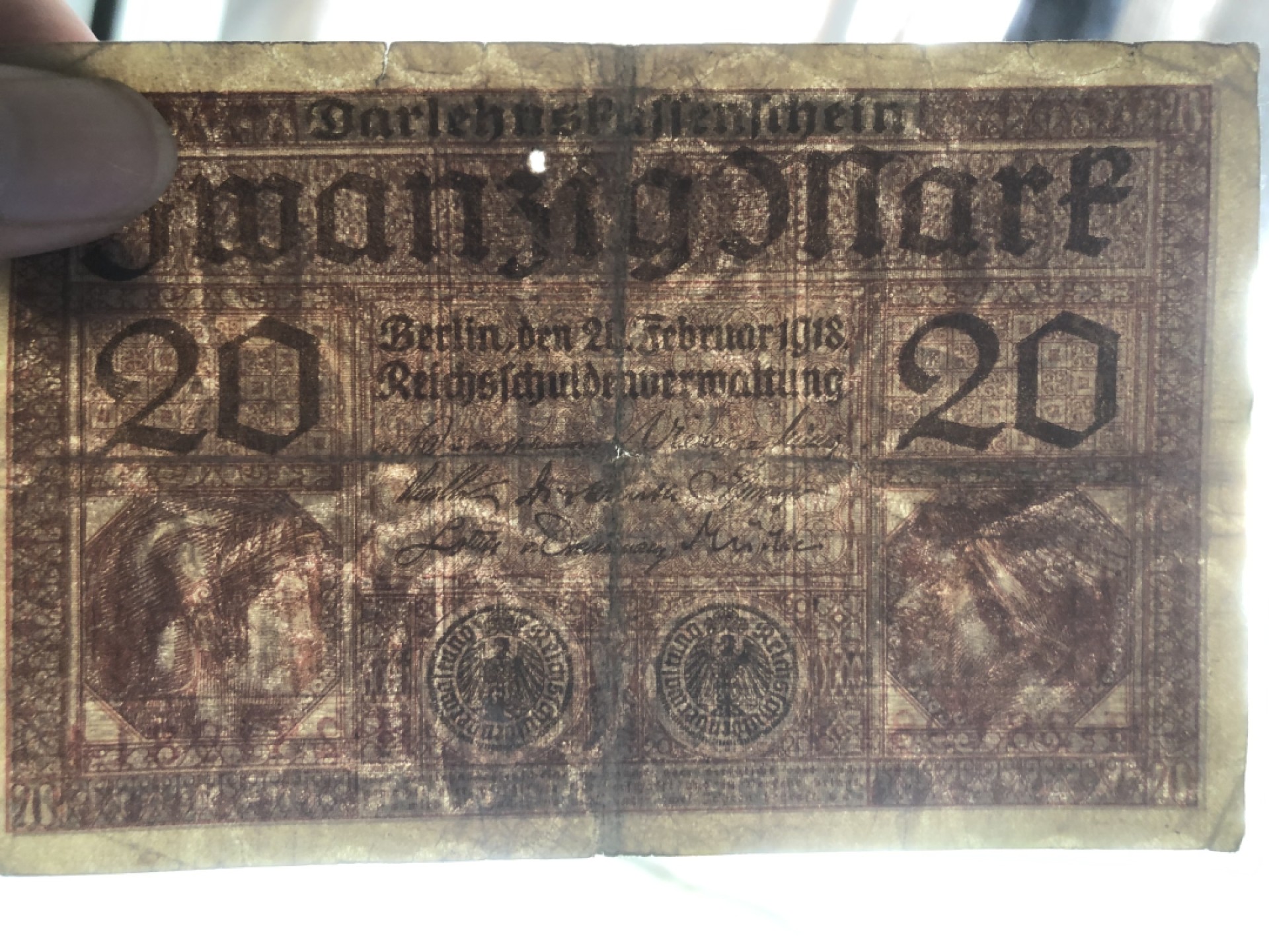 【保诚微拍】第17期  $ 纸币专场 $【自动拍卖】【全场包邮】【佣金3.99元/件】 【纸币】德国 1918年 20马克 红色字轨