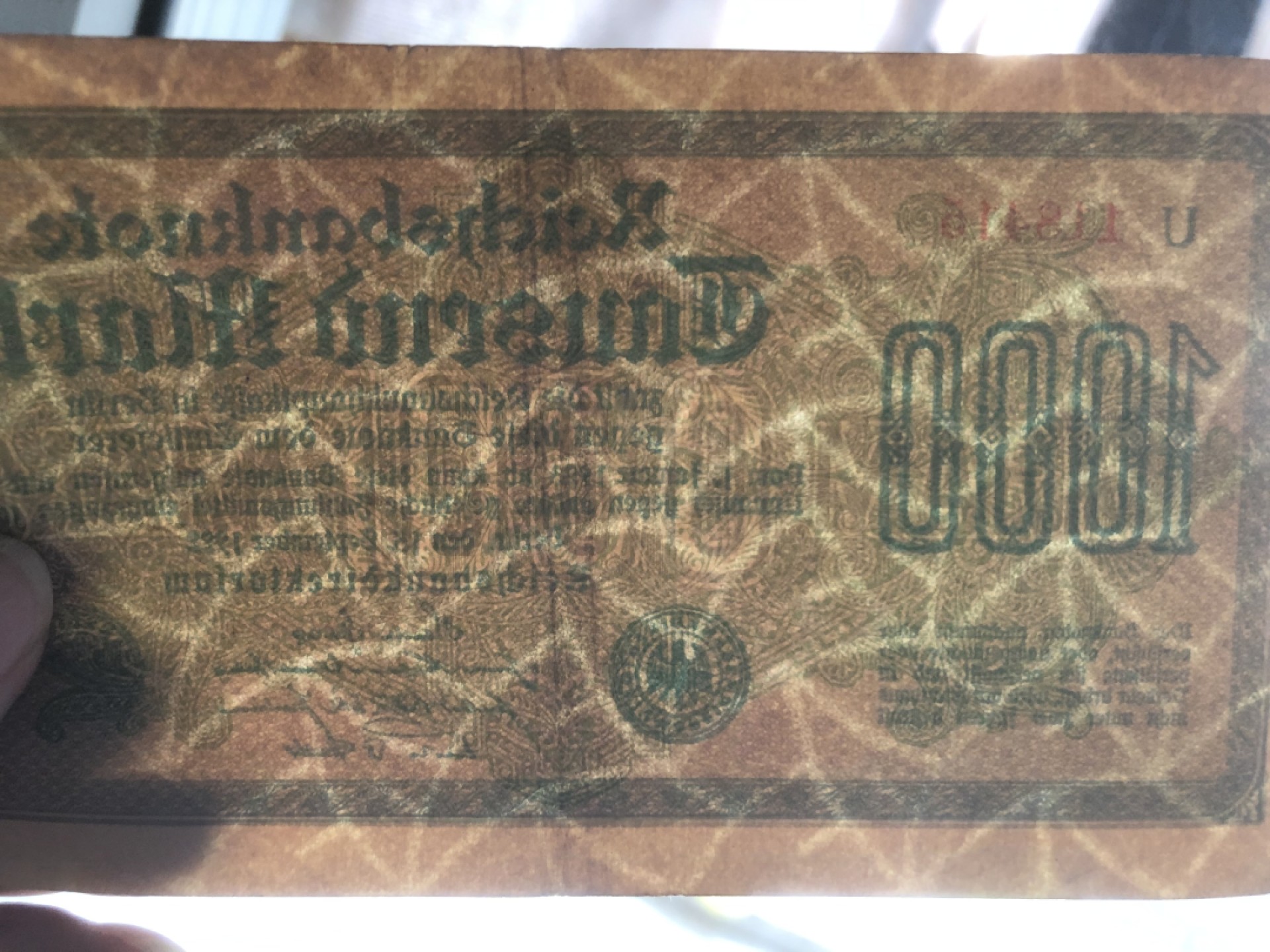 【保诚微拍】第17期  $ 纸币专场 $【自动拍卖】【全场包邮】【佣金3.99元/件】 【纸币】德国 1922年 1000马克 水印2