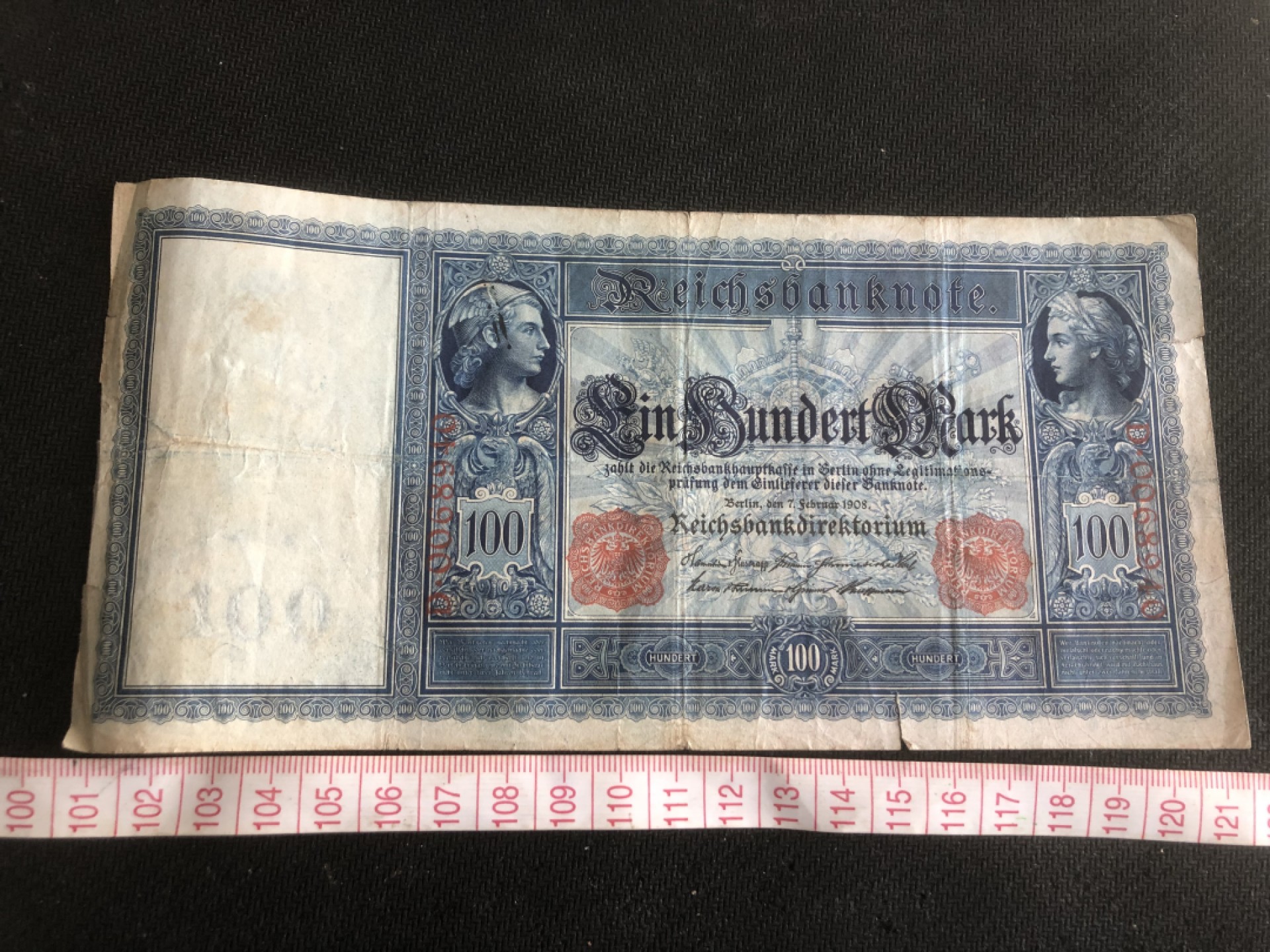 【保诚微拍】第17期  $ 纸币专场 $【自动拍卖】【全场包邮】【佣金3.99元/件】 【纸币】德国 1910年 100马克 红色字轨 德国女神 