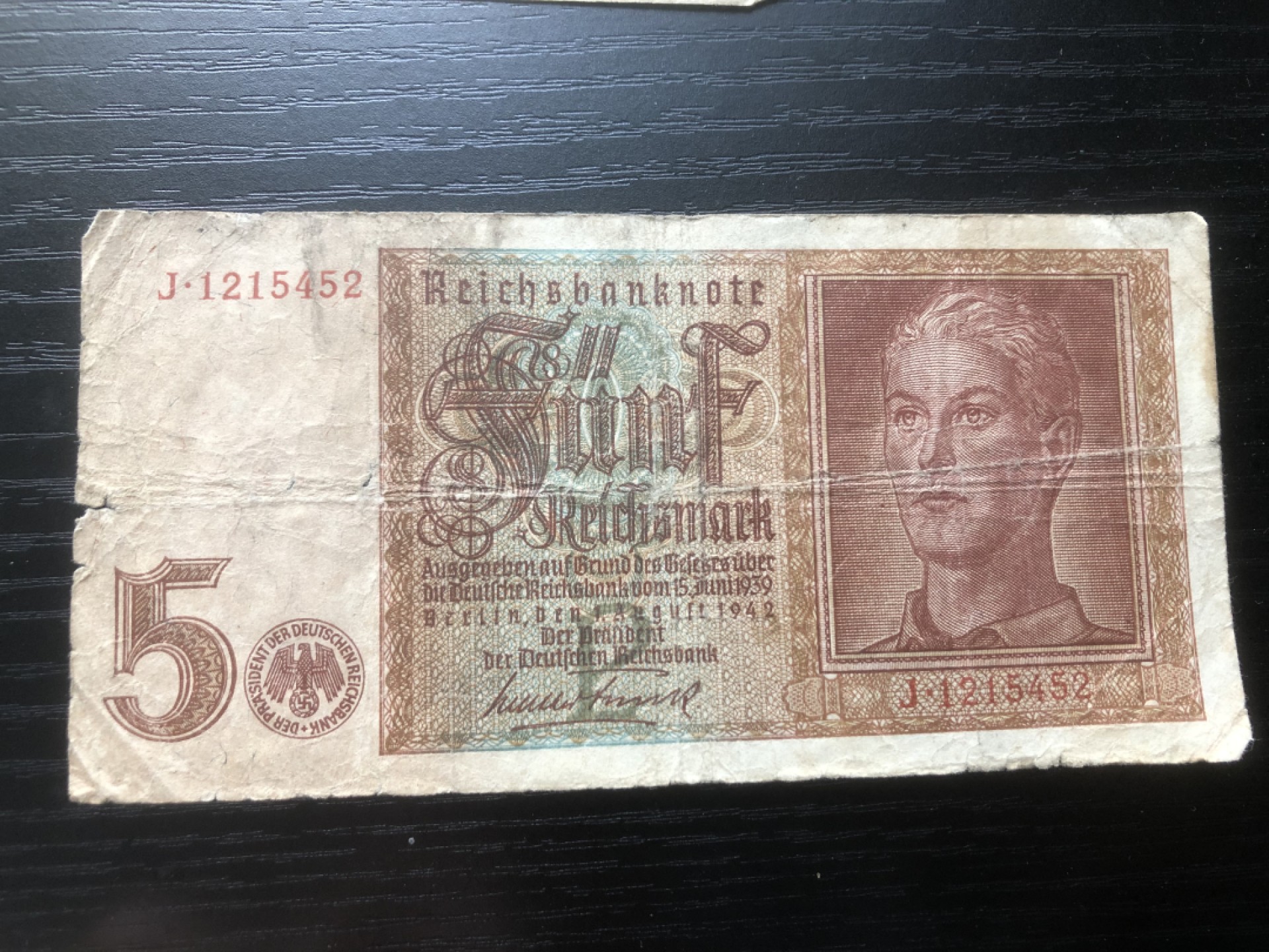 【保诚微拍】第17期  $ 纸币专场 $【自动拍卖】【全场包邮】【佣金3.99元/件】 【纸币】德国 1942年 5马克 纸币 流通品