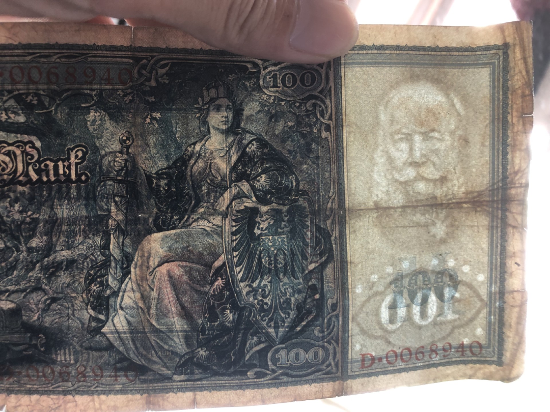 【保诚微拍】第17期  $ 纸币专场 $【自动拍卖】【全场包邮】【佣金3.99元/件】 【纸币】德国 1910年 100马克 红色字轨 德国女神 