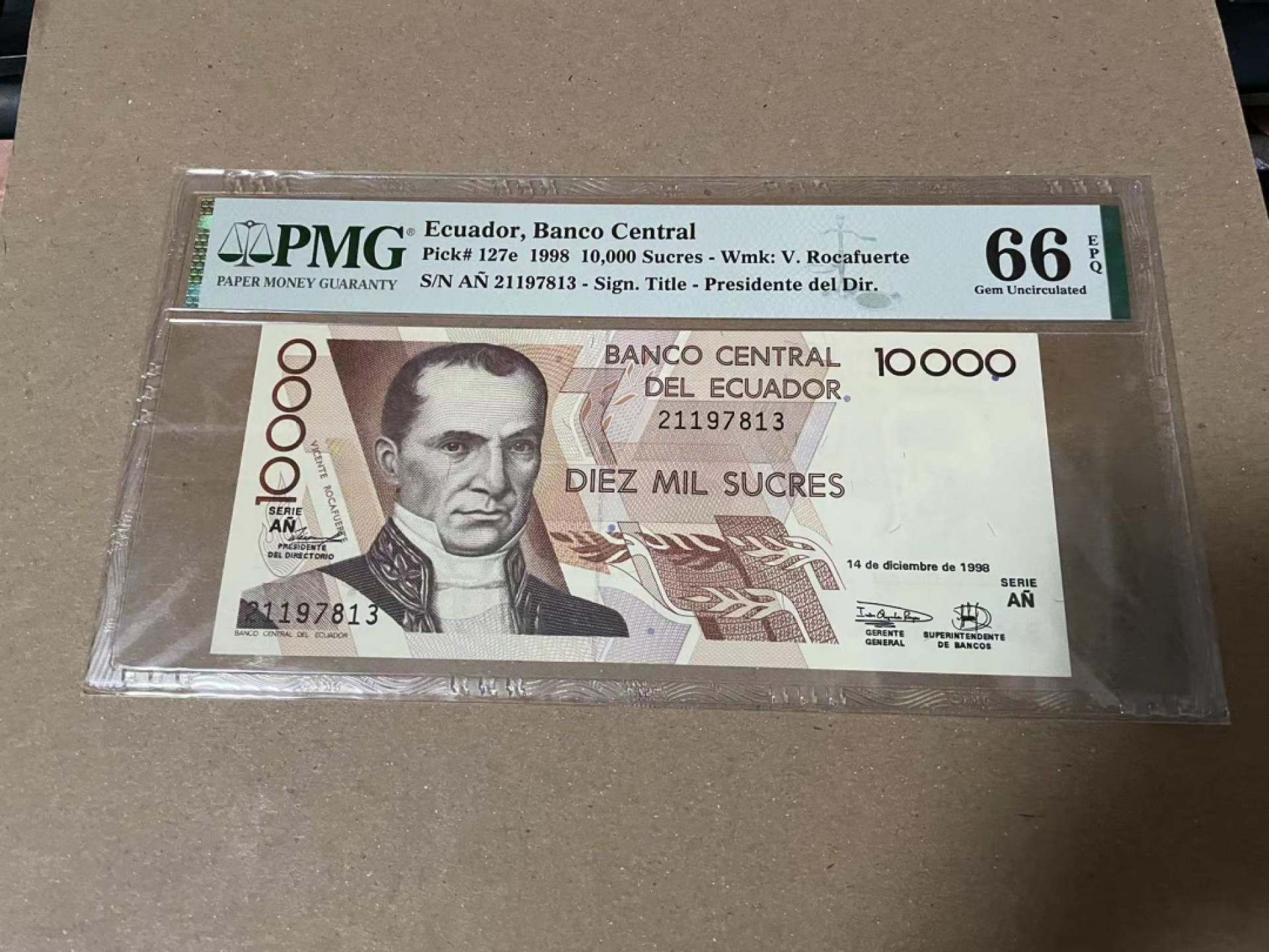 【Blue Auction】✨世界纸币精拍第166期——利奥波德二世（共105拍） 厄瓜多尔 1998年10000苏克雷 PMG66EPQ 