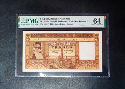 【Blue Auction】✨世界纸币精拍第166期——利奥波德二世（共105拍） - 【唯一冠军分】比利时 1944-45年500法郎 利奥波德二世 大胡子 比属刚果风土人PMG64