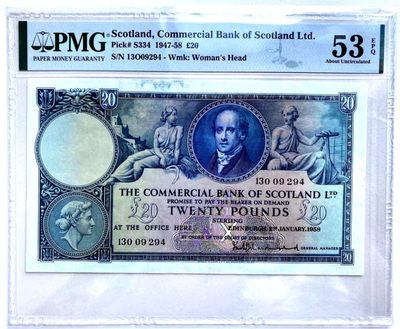 【Blue Auction】✨世界纸币精拍第166期——利奥波德二世（共105拍） - 【高面值少见】苏格兰 1947-58年20镑 PMG53EPQ 高分原票 背面大场景雕刻精美