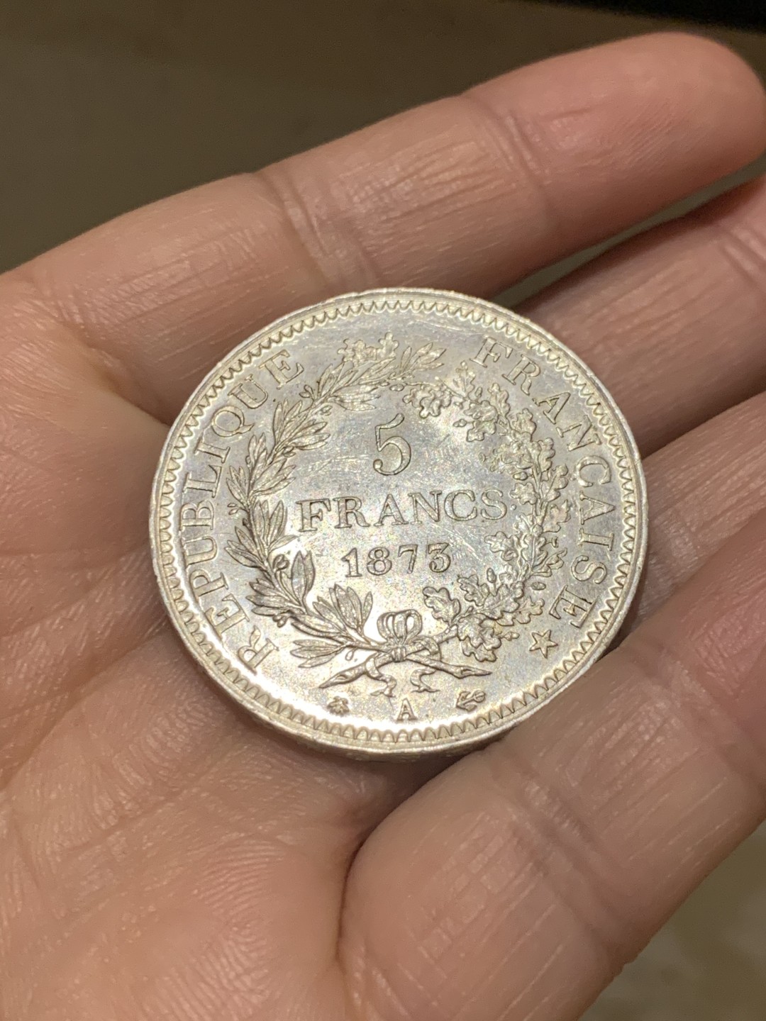 《竞宝斋》第38场-本周一 （全场顺丰包邮） 重拍！法国1873-A年 大力神 5法郎 大银币 原光好品 可以自己送评