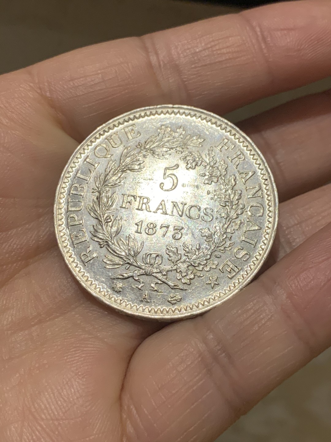 《竞宝斋》第38场-本周一 （全场顺丰包邮） 重拍！法国1873-A年 大力神 5法郎 大银币 原光好品 可以自己送评