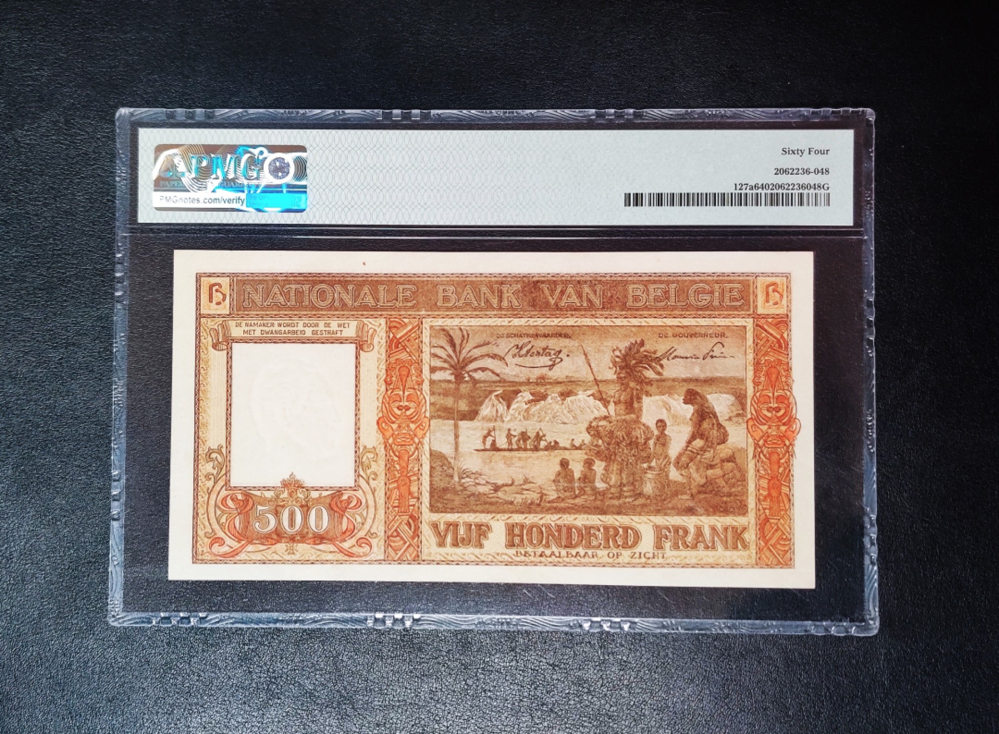 【Blue Auction】✨世界纸币精拍第166期——利奥波德二世（共105拍） 【唯一冠军分】比利时 1944-45年500法郎 利奥波德二世 大胡子 比属刚果风土人PMG64