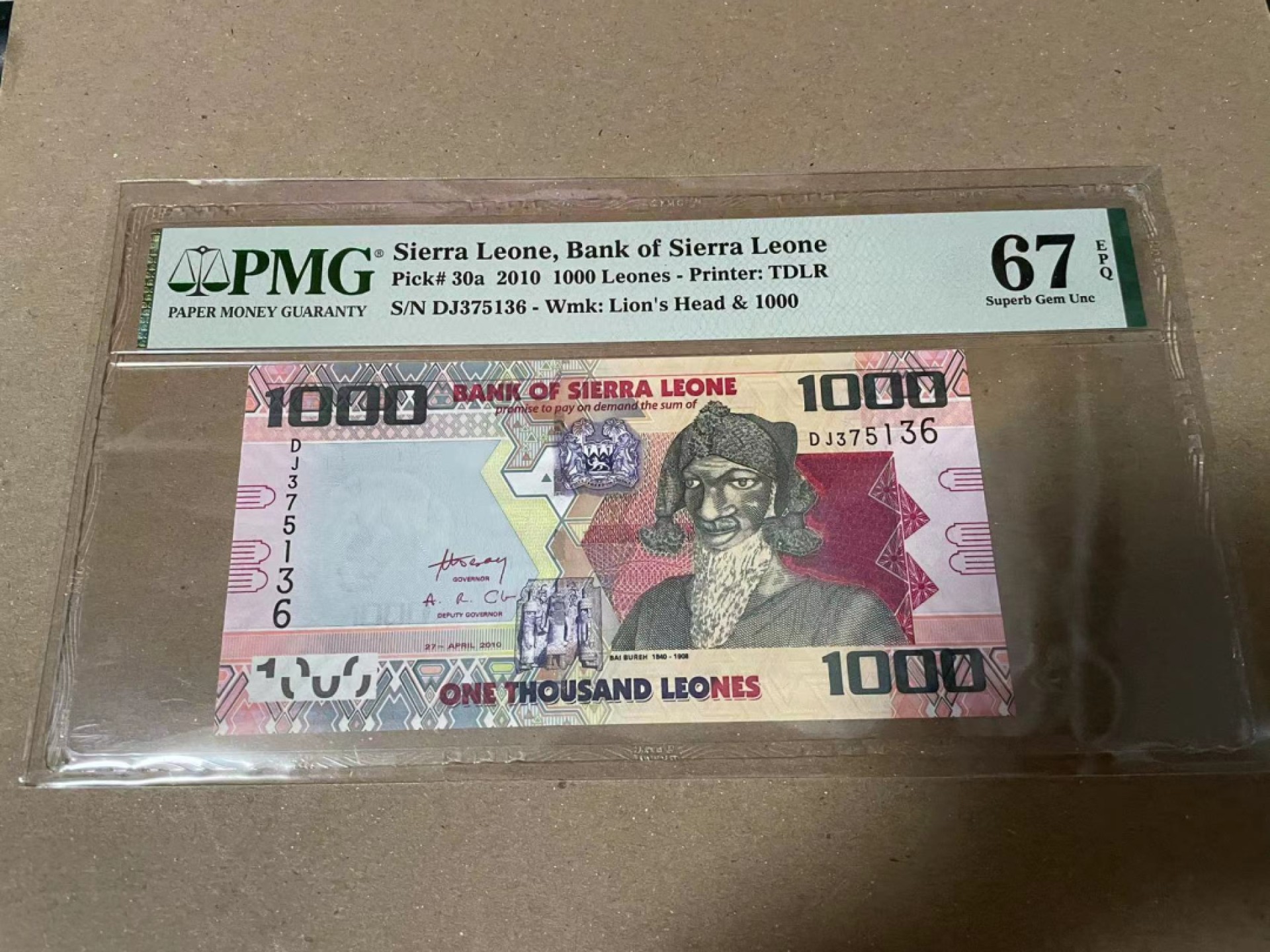 【Blue Auction】✨世界纸币精拍第166期——利奥波德二世（共105拍） 塞拉利昂 2010年1000Leones PMG67EPQ 