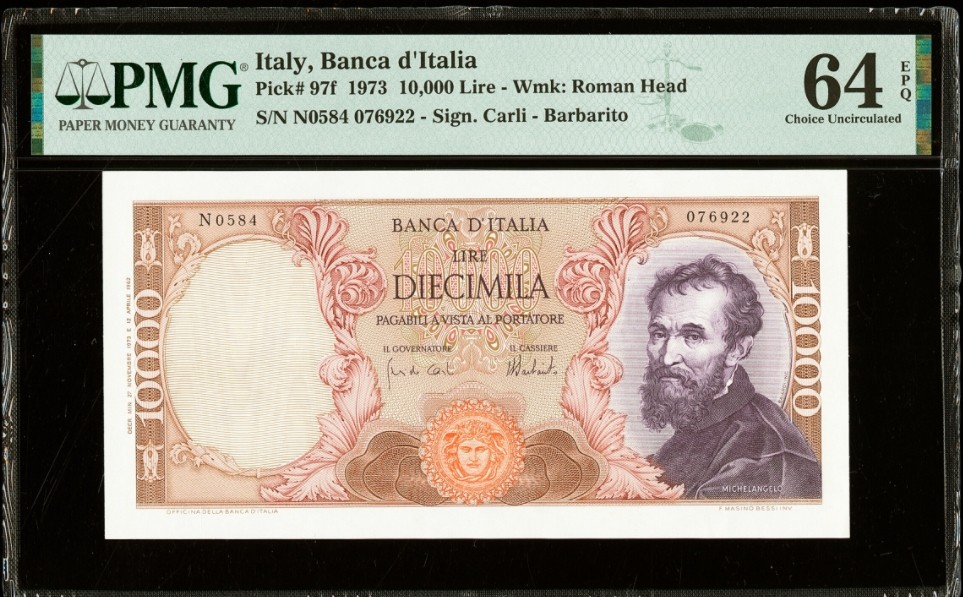 【Blue Auction】✨世界纸币精拍第166期——利奥波德二世（共105拍） 【与上期那张连号】 意大利 1973年10000里拉 PMG64EPQ 经典文艺复兴三杰之一——米开朗基罗 PMG64EPQ 全新原票 