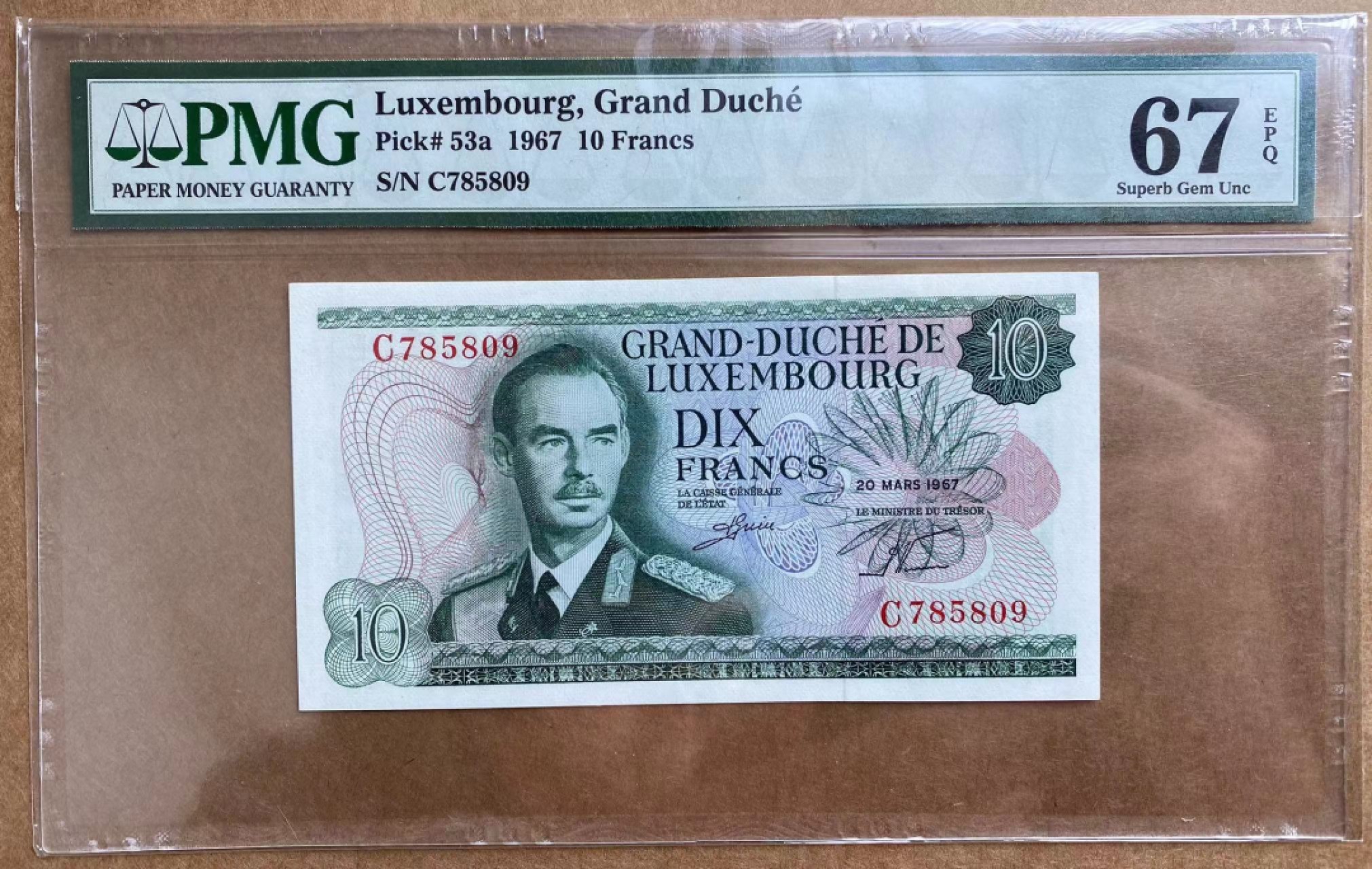 【Blue Auction】✨世界纸币精拍第166期——利奥波德二世（共105拍） 卢森堡 1967年10法郎 PMG67EPQ 高分