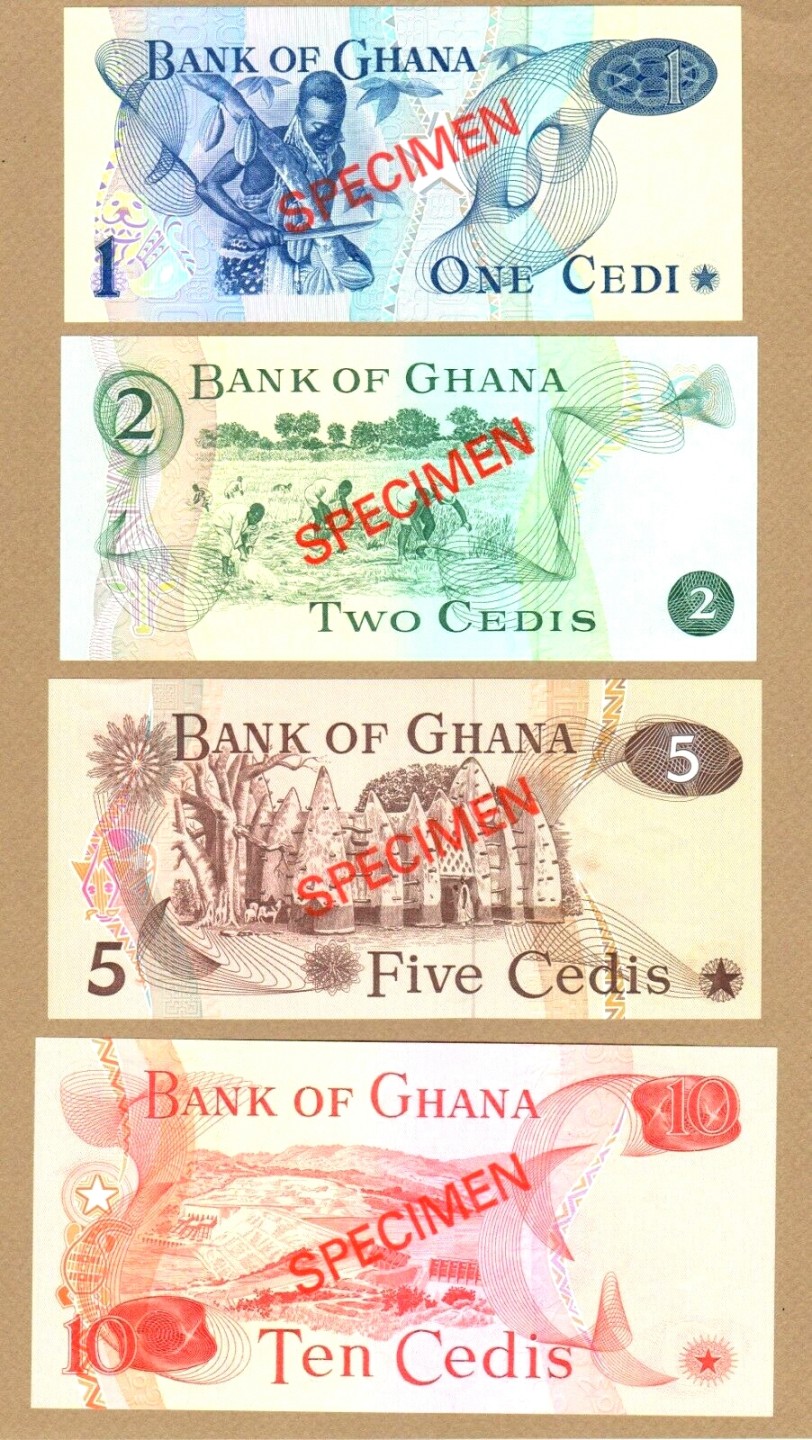 【Blue Auction】✨世界纸币精拍第166期——利奥波德二世（共105拍） 【全同号 一组4张】加纳 1977年 1-10塞地 样钞 精美 全新UNC