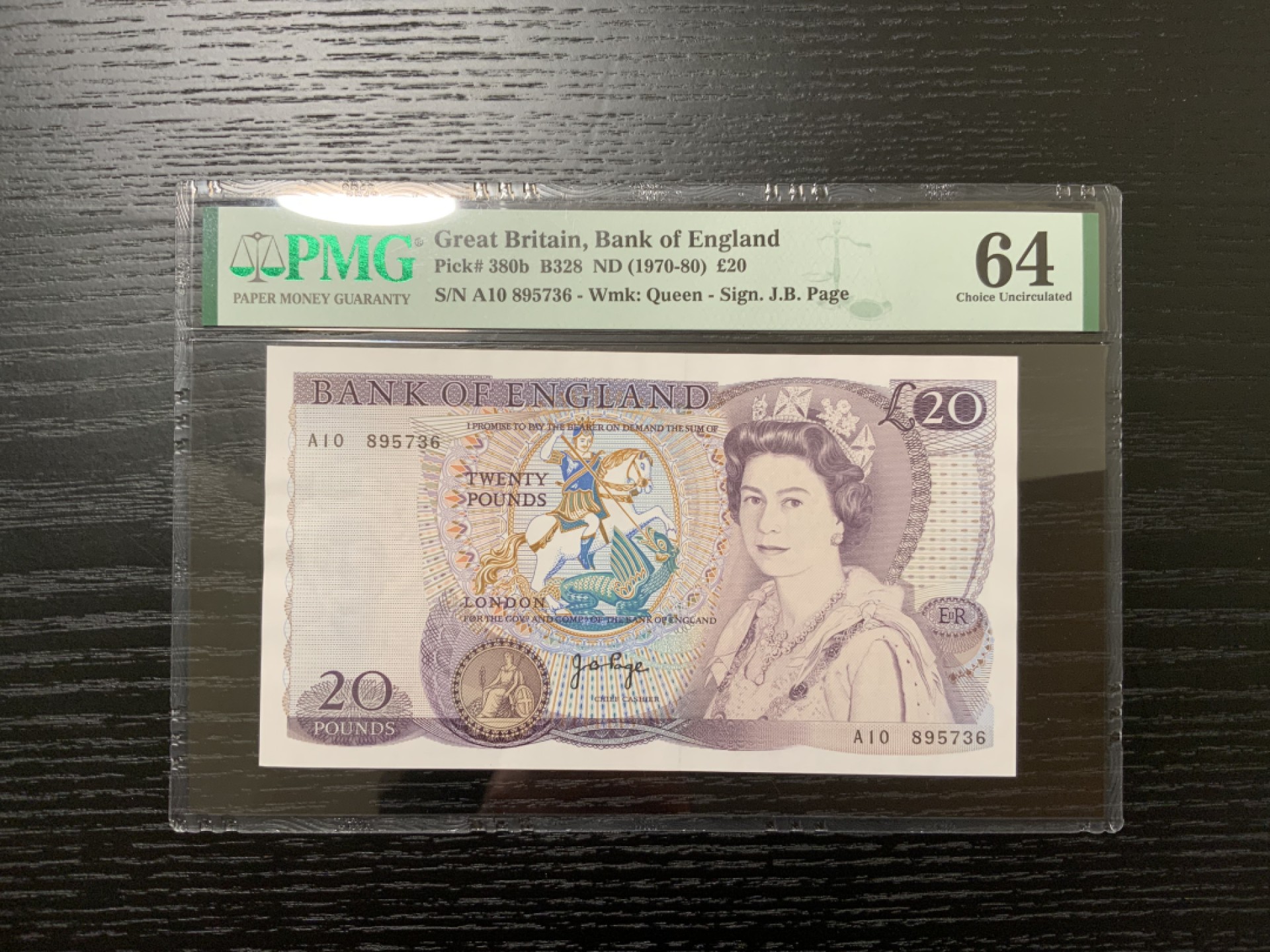 【Blue Auction】✨世界纸币精拍第166期——利奥波德二世（共105拍） 【与上一张连号】英国1970-80年 20英镑 PMG64 刀拆低评 莎士比亚