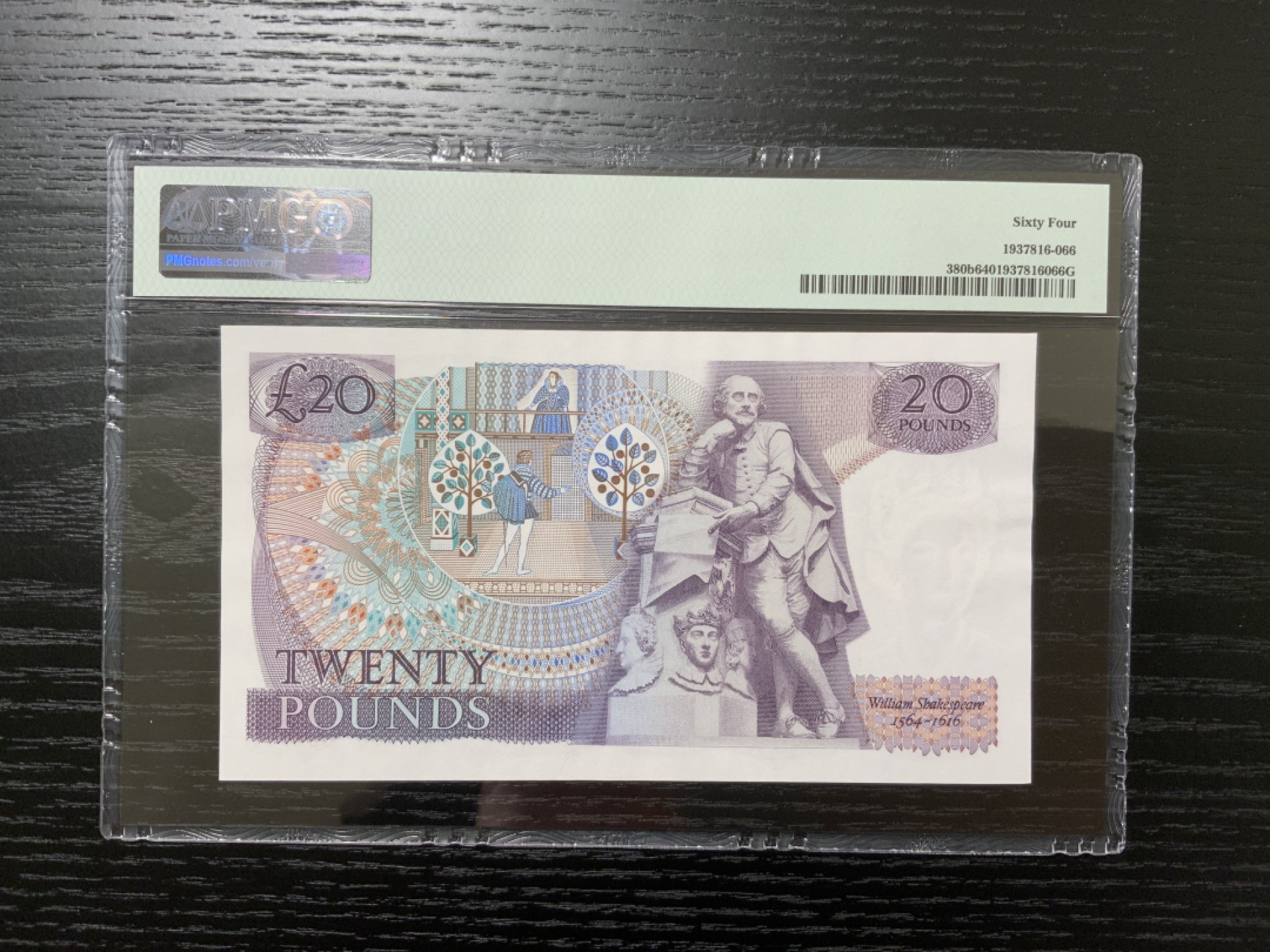 【Blue Auction】✨世界纸币精拍第166期——利奥波德二世（共105拍） 【与上一张连号】英国1970-80年 20英镑 PMG64 刀拆低评 莎士比亚