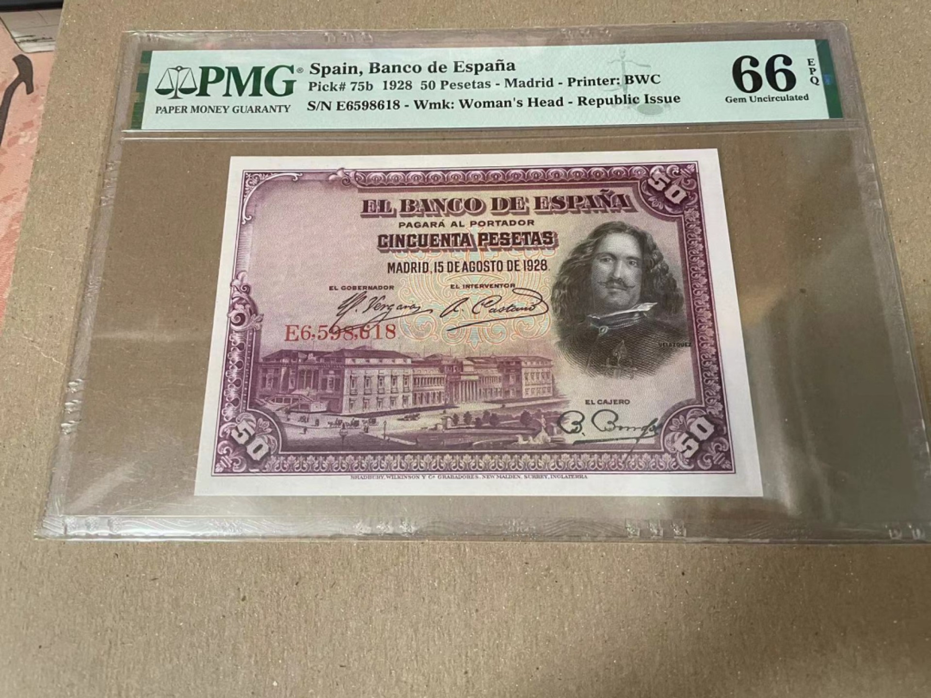 【Blue Auction】✨世界纸币精拍第166期——利奥波德二世（共105拍） 西班牙 1928年50比塞塔 PMG66EPQ 