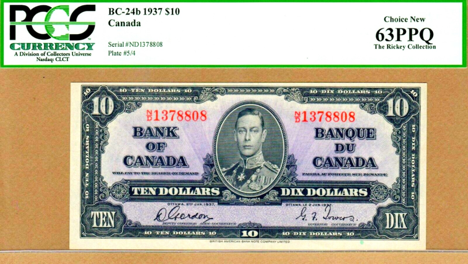 【Blue Auction】✨世界纸币精拍第166期——利奥波德二世（共105拍） 【8808尾】加拿大 1937年10元 b版 英王乔治 PCGS63EPQ 全新原票 雕刻非常精美