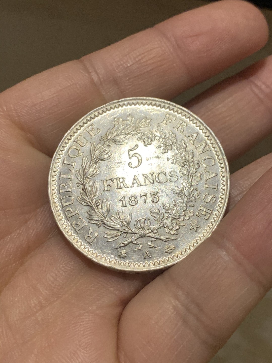 《竞宝斋》第38场-本周一 （全场顺丰包邮） 重拍！法国1873-A年 大力神 5法郎 大银币 原光好品 可以自己送评