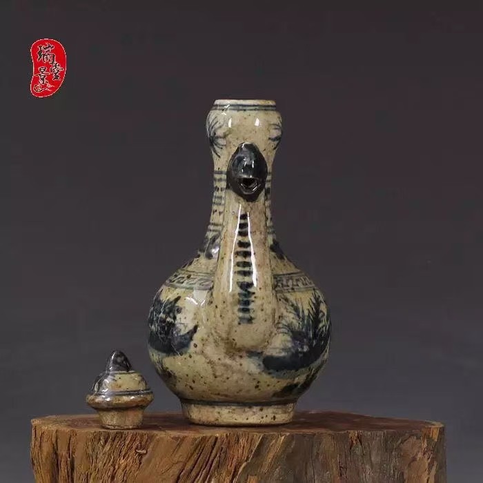明 青花鸡头壶古董 古玩 做旧古瓷器收藏全手工摆件古典装饰品