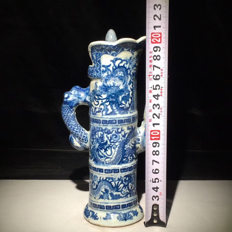 古董古玩杂项收藏老物件老瓷清乾隆青花龙纹多穆壶全品包老包真