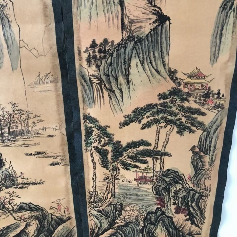 唐伯虎山水画字画古画国唐寅山水画四条屏 装饰客厅挂画四条屏