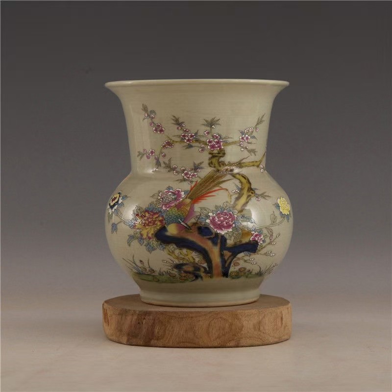 雍正年制 粉彩花鸟纹渣斗 古董瓷器古玩摆件瓷器库存老物件收藏