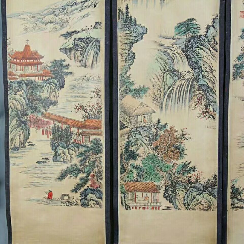 精品国画山水画古名人书法装裱客厅四条屏条幅四张成品洪千