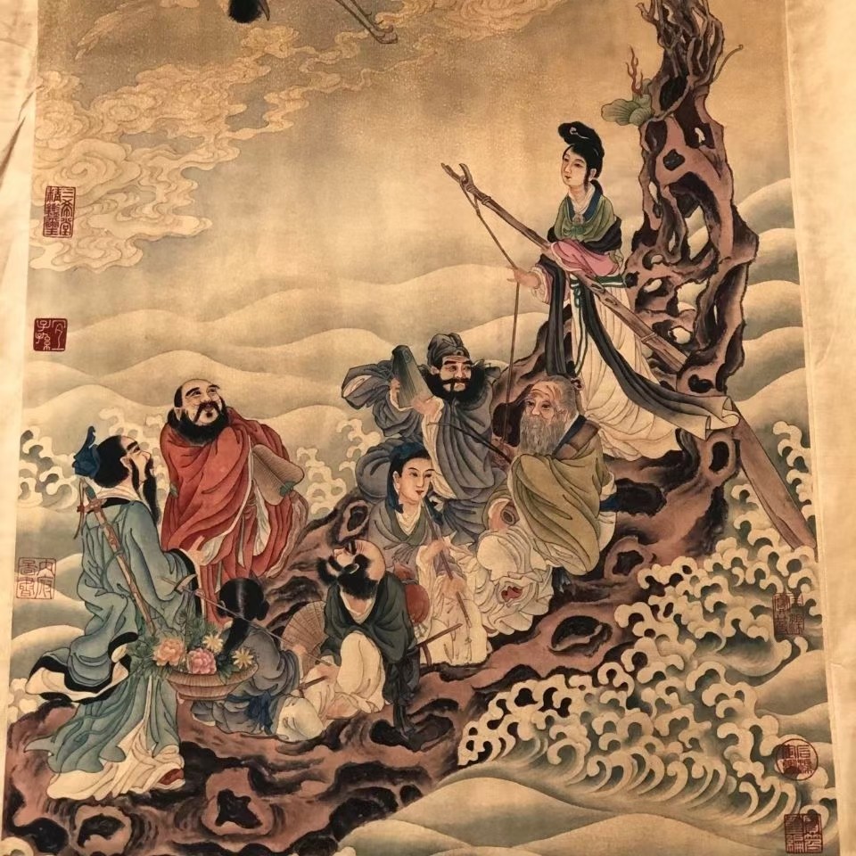 唐寅字画国画 唐伯虎人物画八仙过海名人书画 古画挂画装饰画画芯