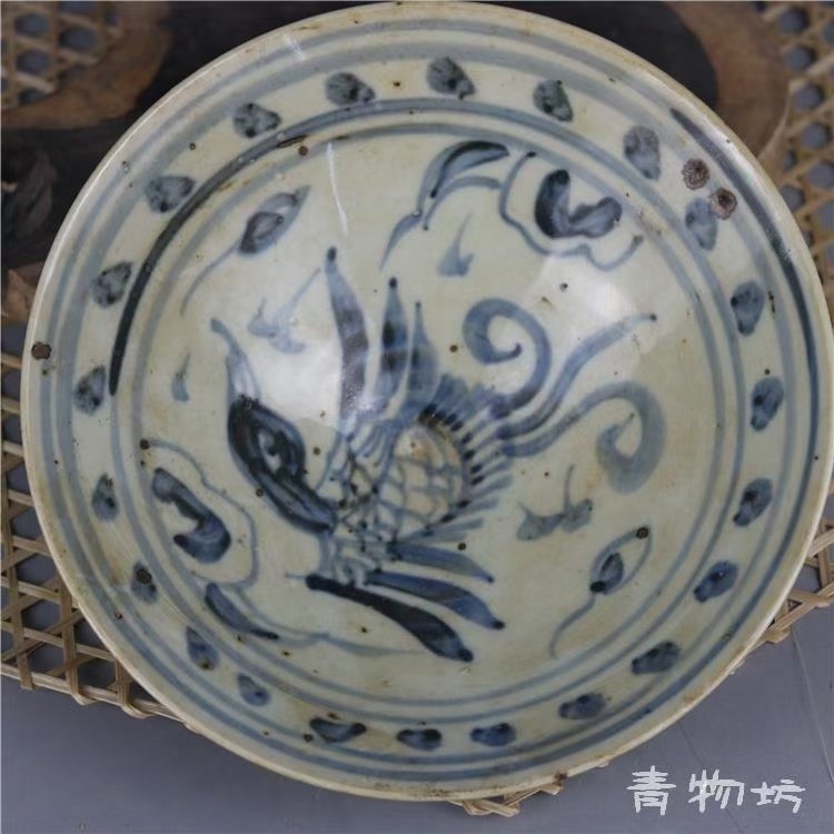明代民窑青花手绘凤纹斗笠碗保真瓷器古玩古董旧货老物件收藏品