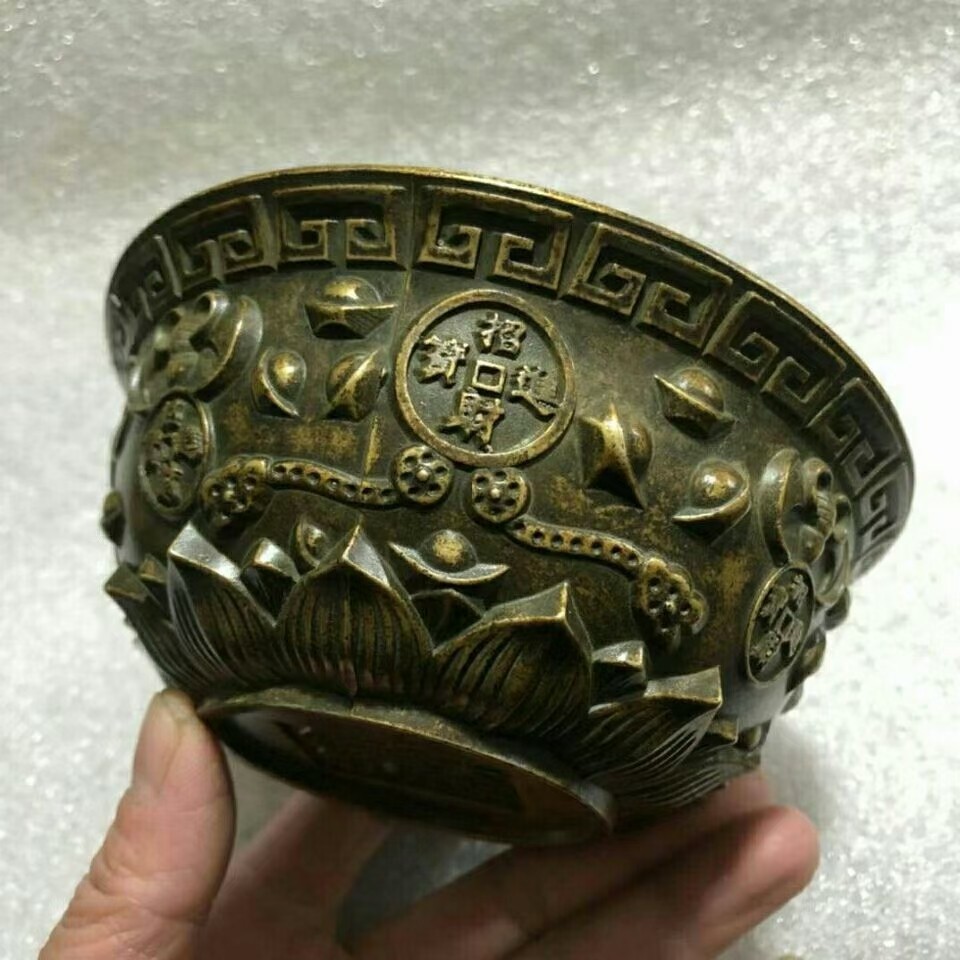 纯铜老包浆聚宝盆古玩收藏尺寸如图五福临门古铜铜器
