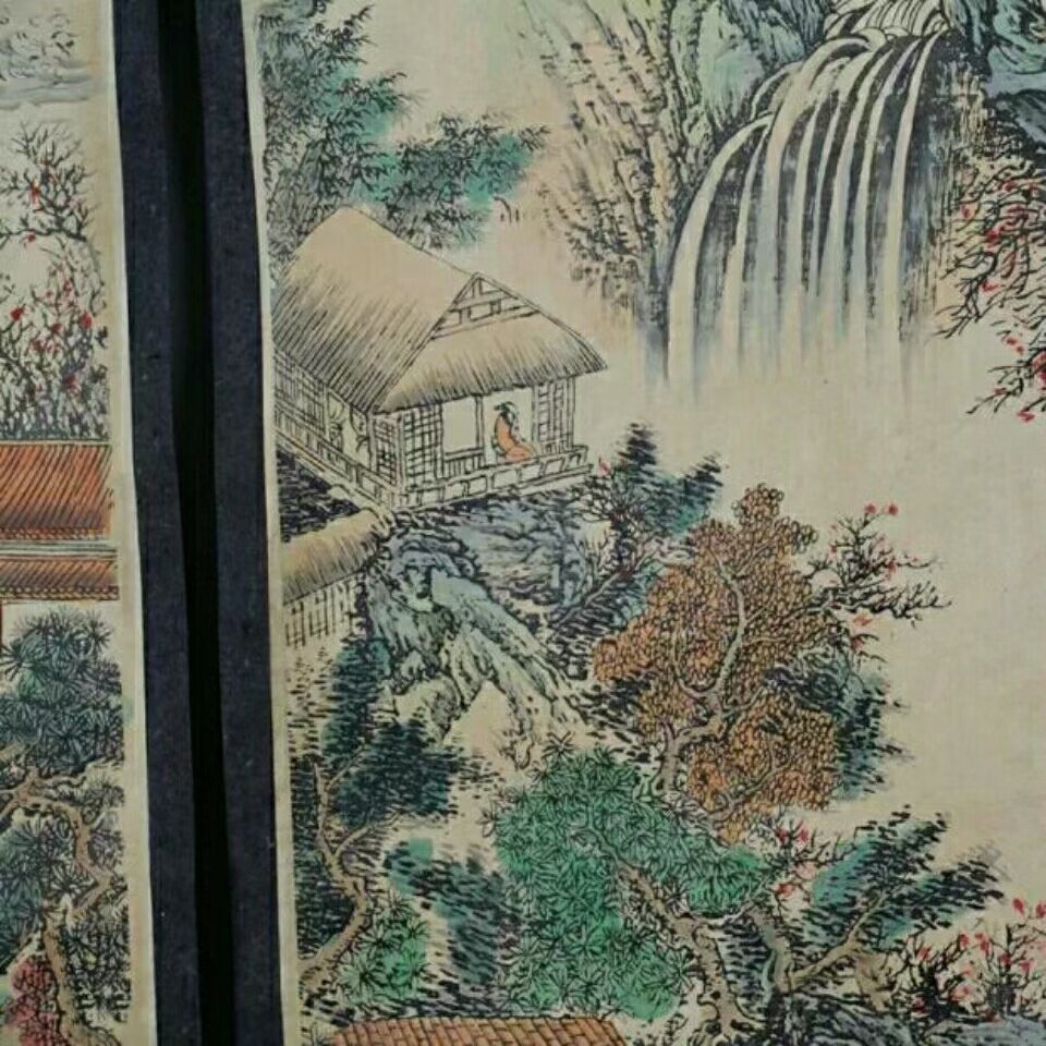 精品国画山水画古名人书法装裱客厅四条屏条幅四张成品洪千